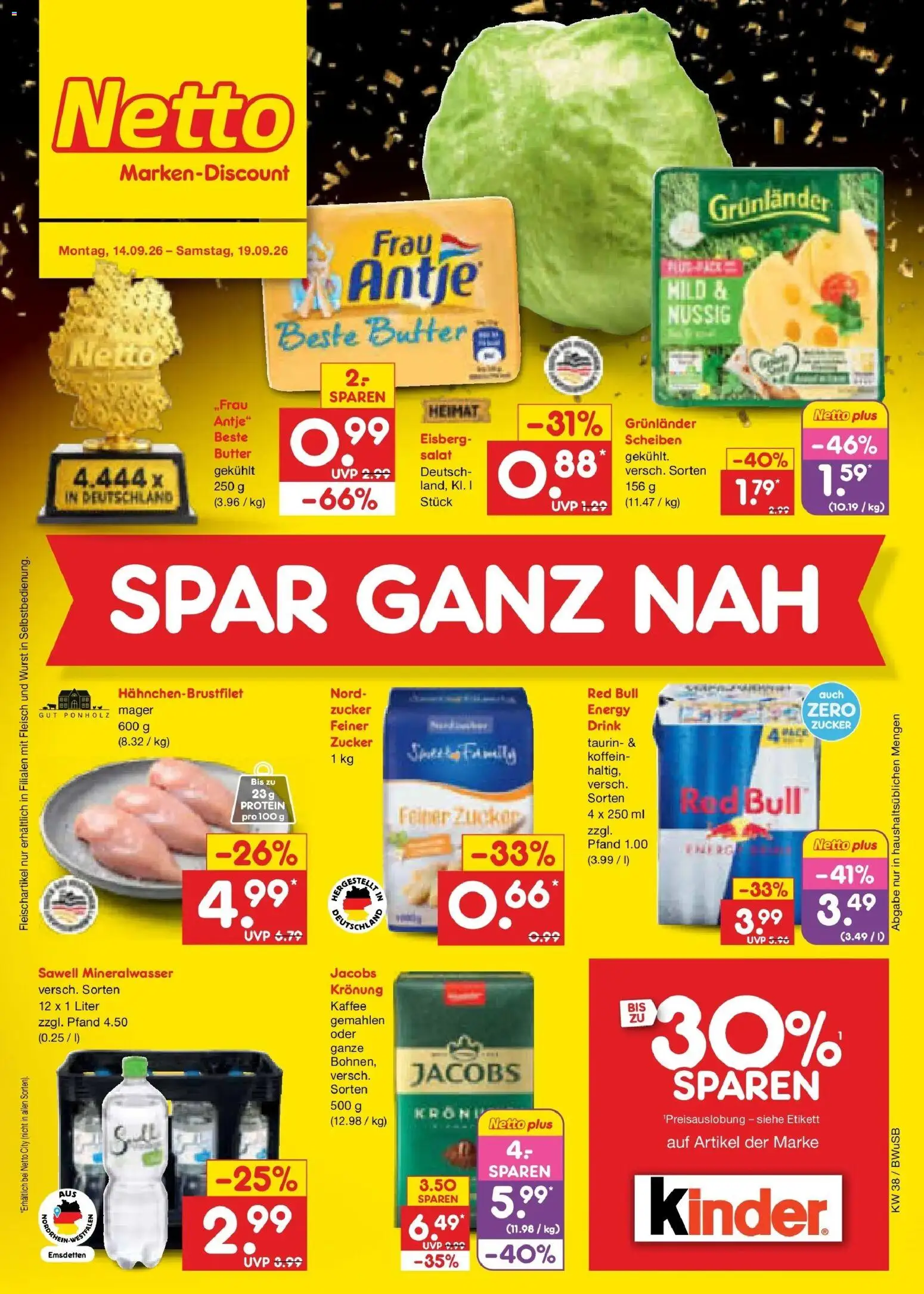 Netto Marken-Discount Prospekt Bielefeld – gültig ab 14.09.2026 | Seite: 1 | Produkte: Red bull, Grunlander, Zucker, Wurst