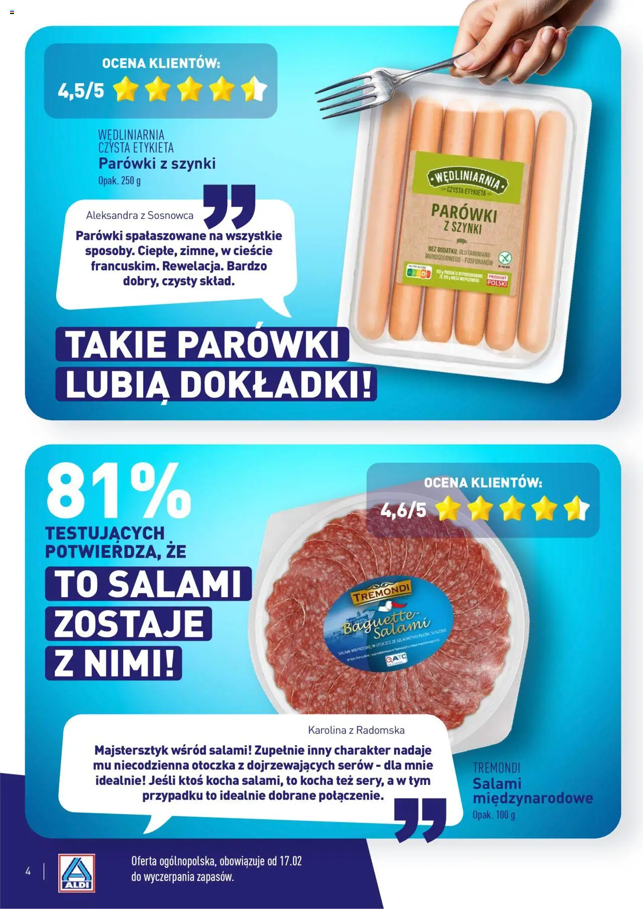 Aldi Gazetka - Wielki test od 17.02.2025 | Strona: 4 | Produkty: Parówki z szynki, Parówki, Salami