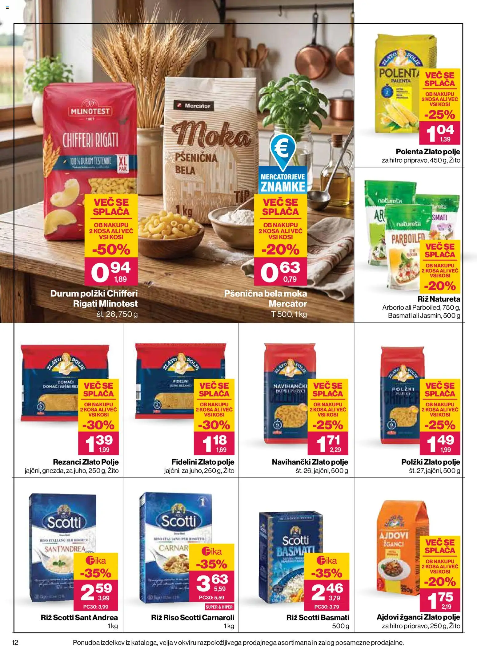 Novi Mercator katalog ponudbe – veljaven od 08.10.2026 | Stran: 12 | Izdelki: Rezanci, Moka, Polenta, Riz
