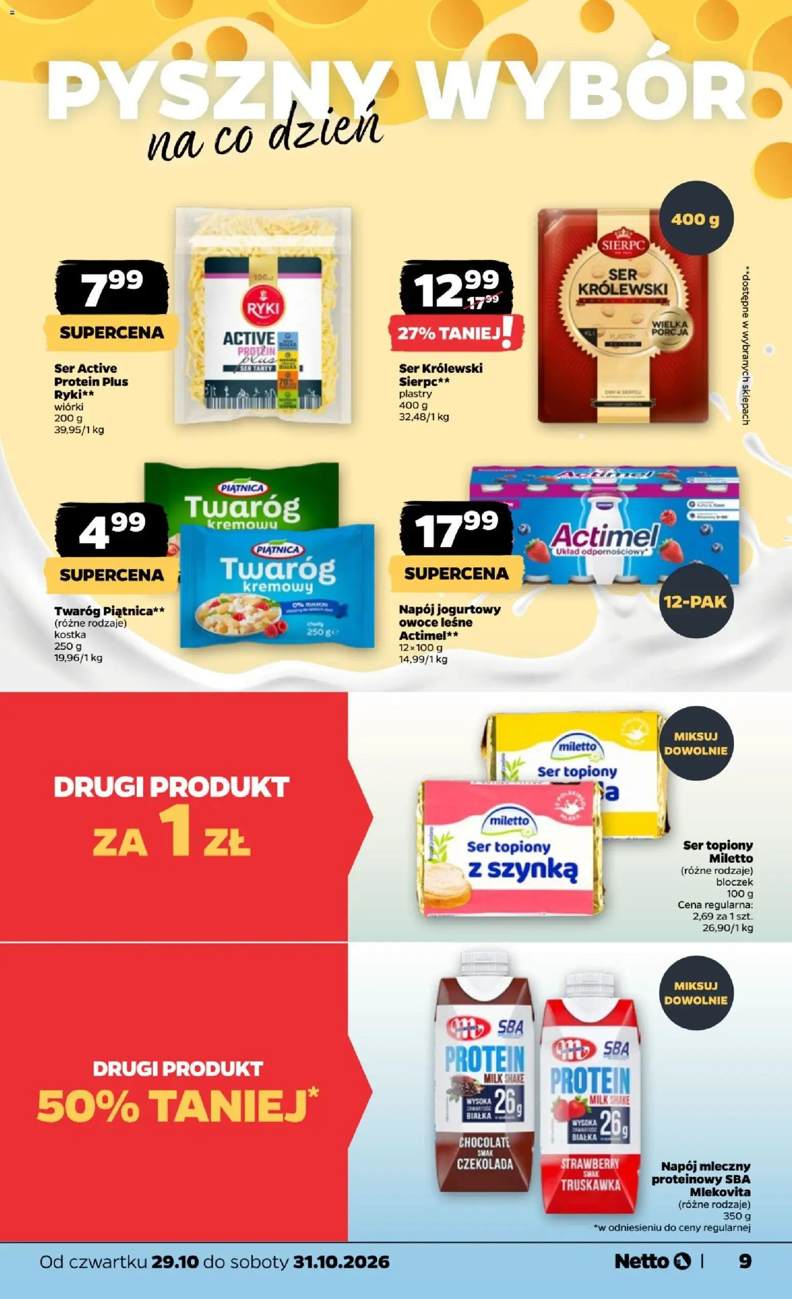 Netto gazetka od czwartku od 29.10.2026 | Strona: 9 | Produkty: Ser topiony, Tarty ser, Actimel, Napój mleczny
