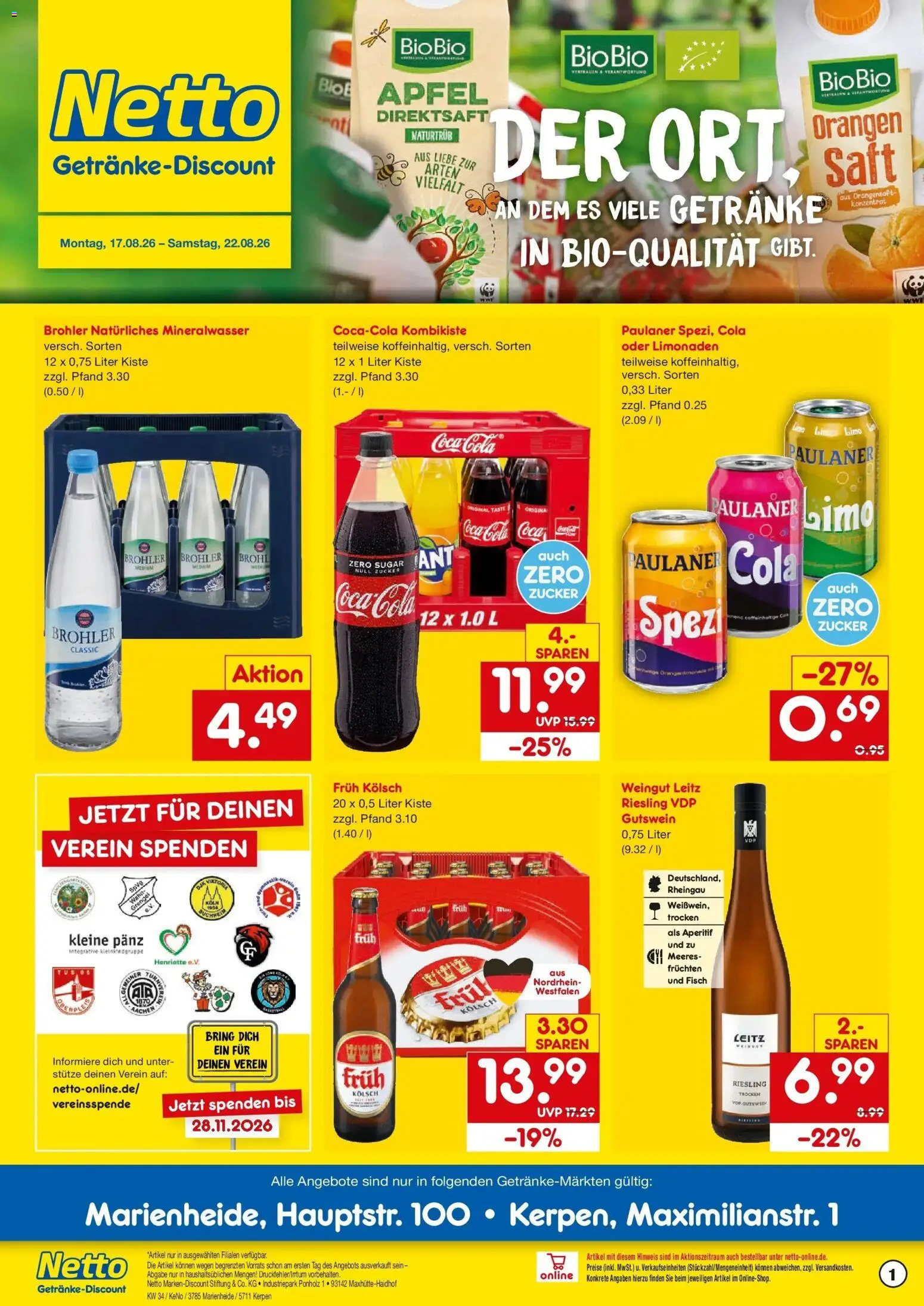 Netto Marken-Discount Prospekt Marienheide – gültig ab 17.08.2026 | Seite: 1 | Produkte: Coca cola, Orangen, Zucker, Saft