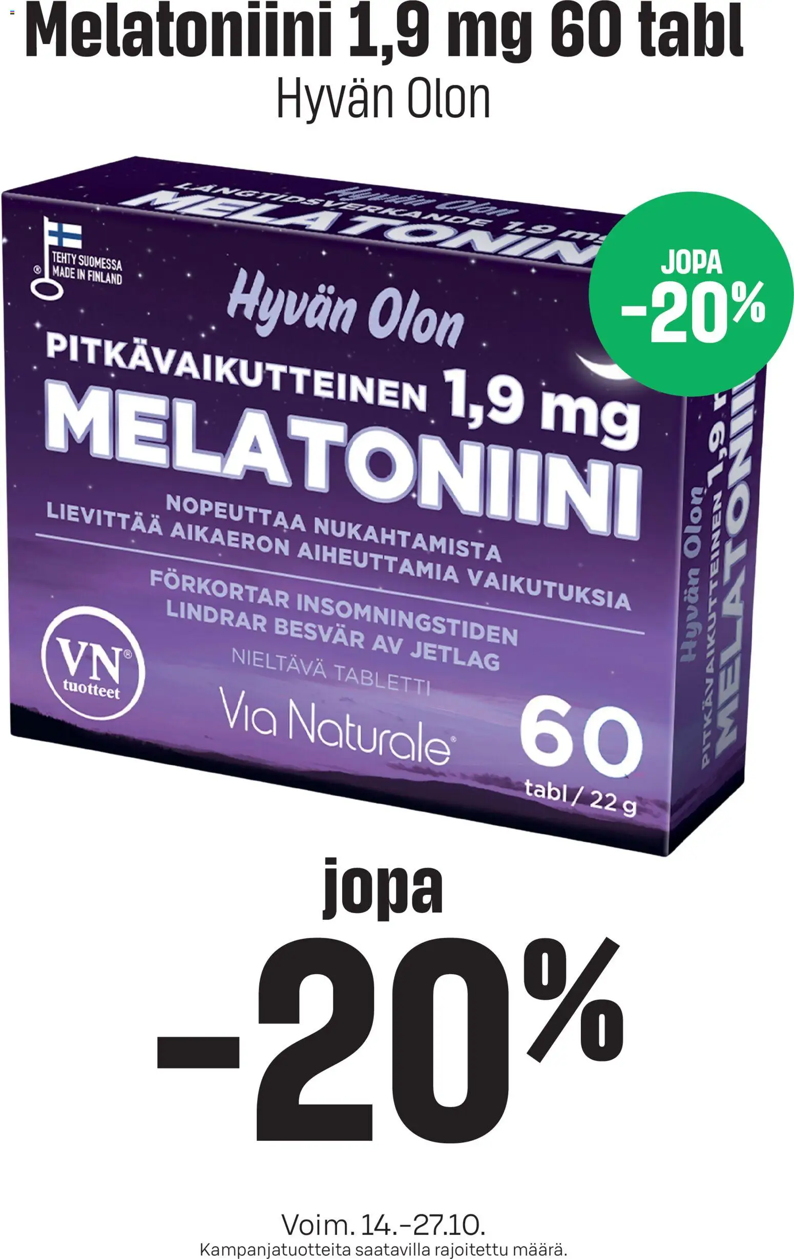 S-market Melatoniini – voimassa 14/10/2026 alkaen | Sivu: 1 | Tuotteet: Tabletti