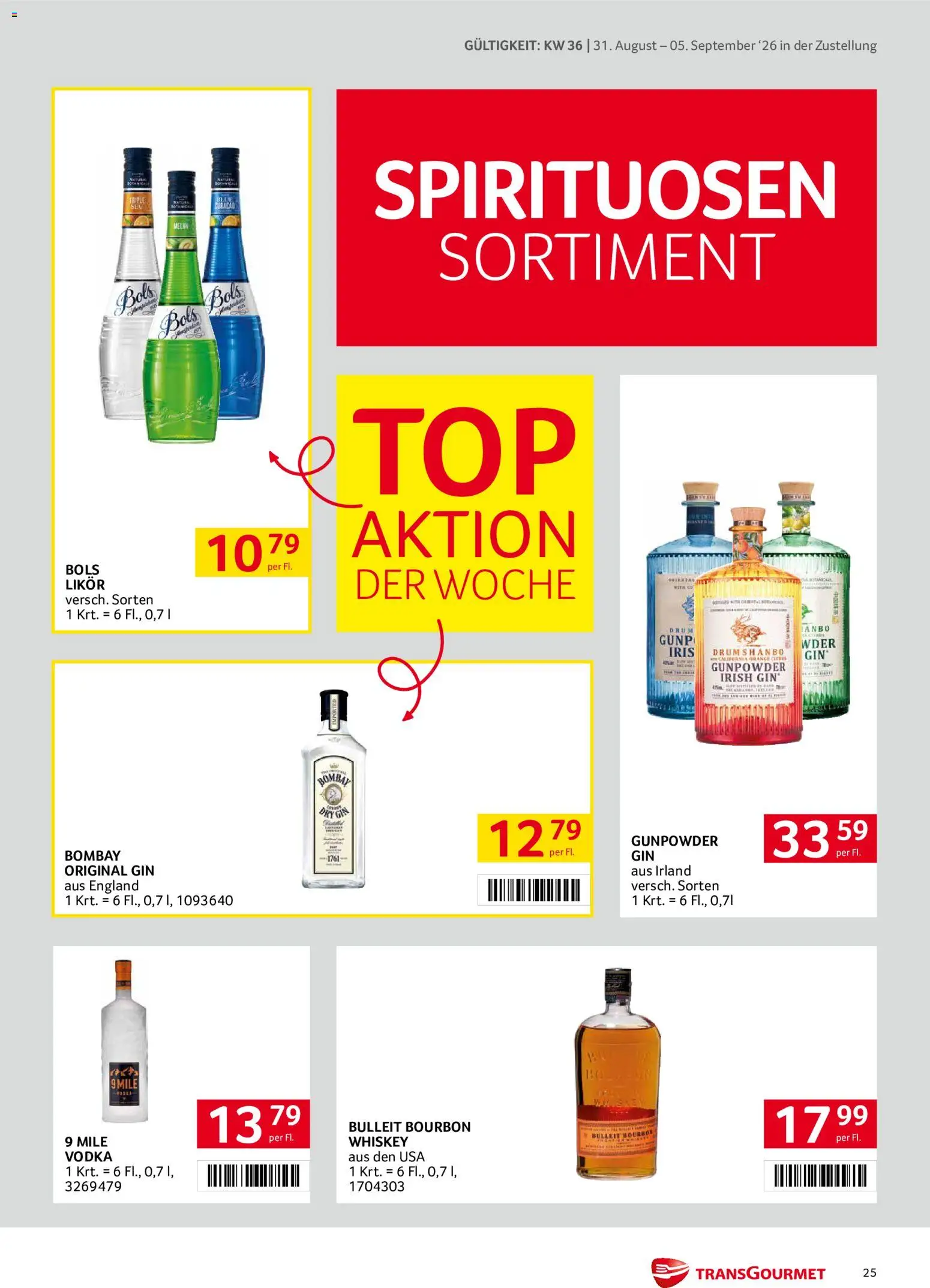 Transgourmet Zustellaktion gültig ab 31.08.2026 | Seite: 25 | Produkte: Gin, Whiskey, Bourbon