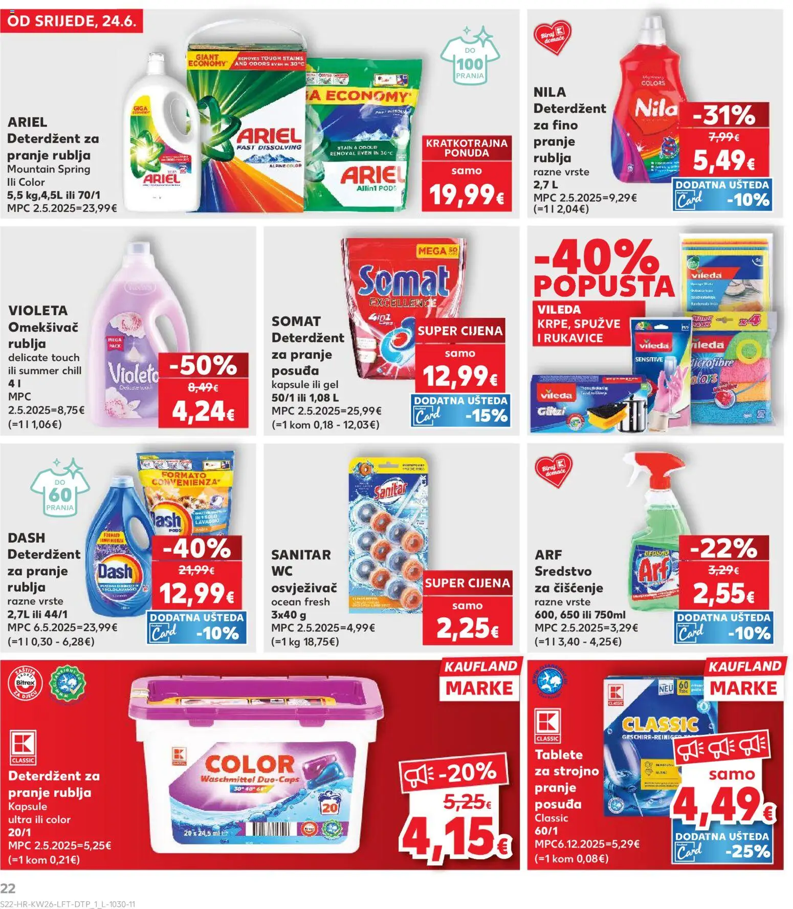 Kaufland HR akciós ujság - amely érvényes a következő dátumtól: 2026.06.24. | Oldal: 22 | Termékek: Ariel, Somat, Vileda