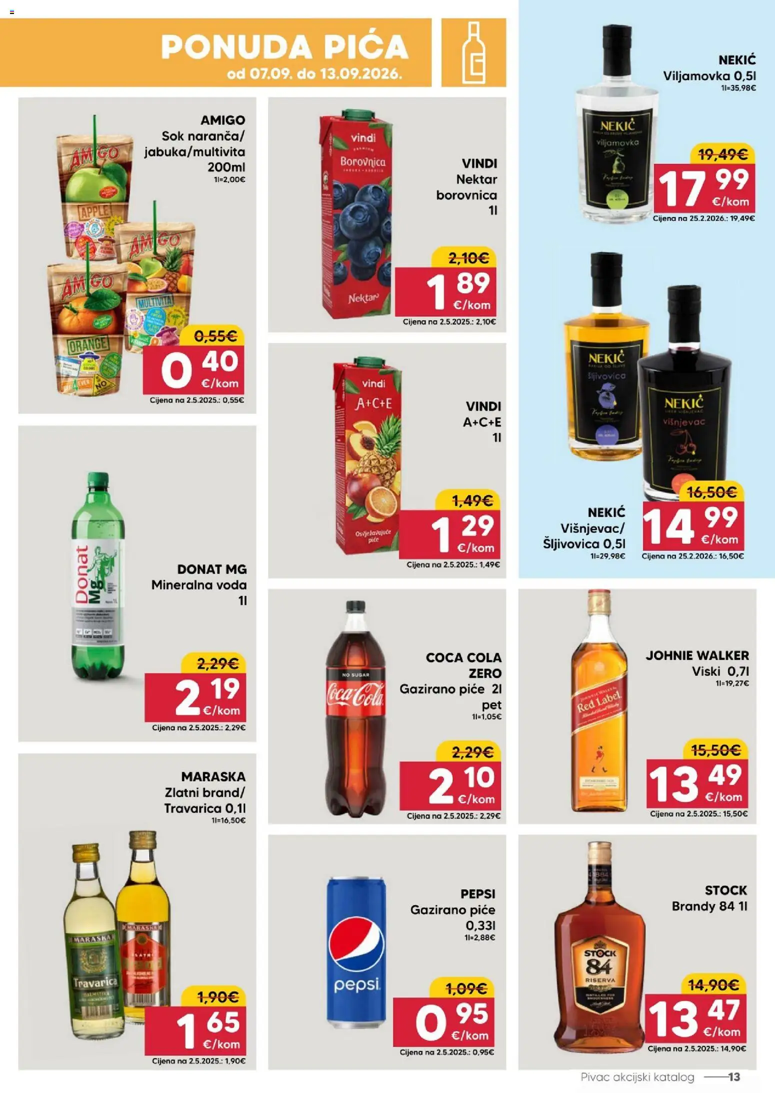 Pivac katalog | vrijedi od 07.09.2026 | Stranica: 13 | Proizvodi: Mineralna voda, Šljivovica, Pepsi, Voda