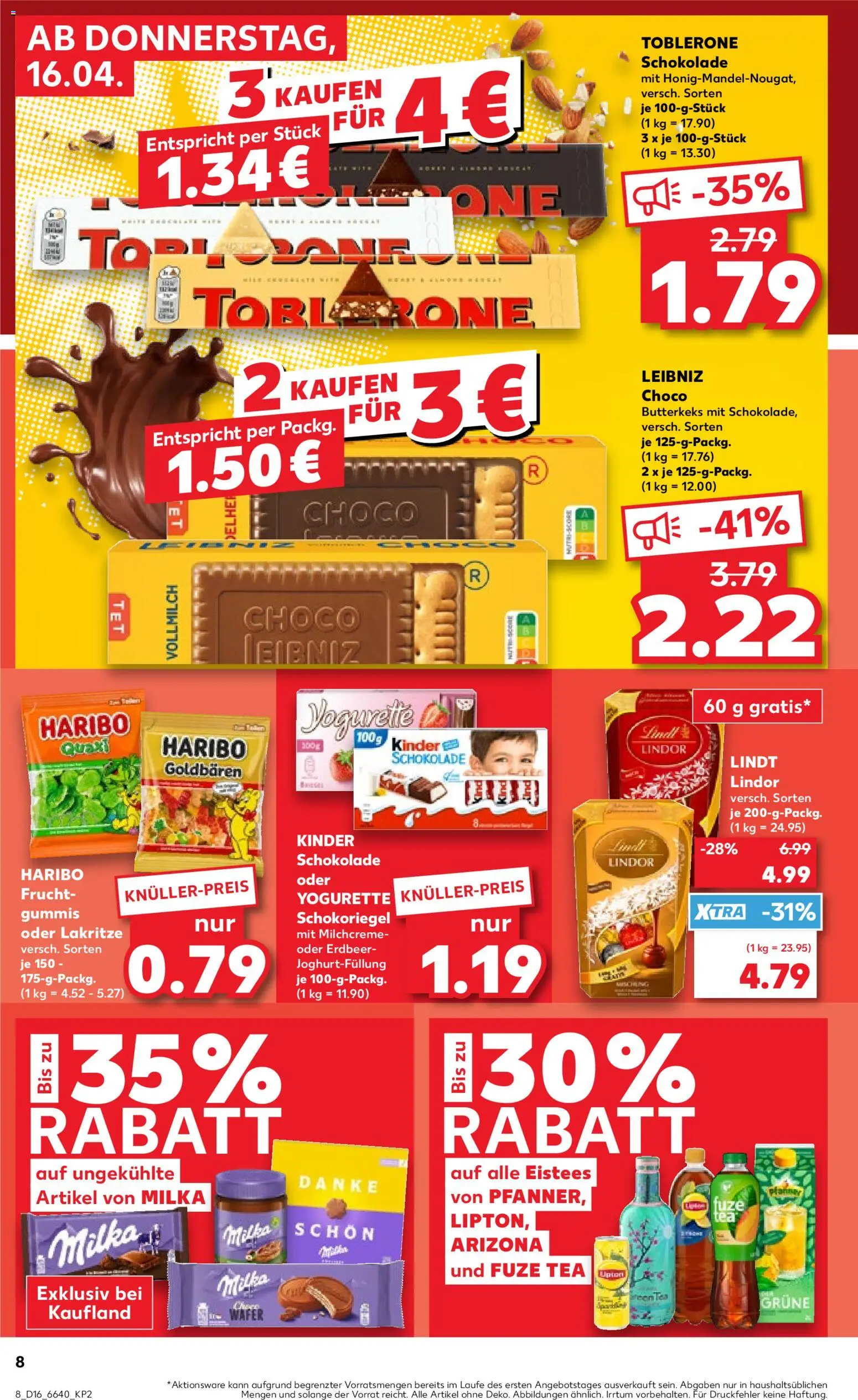 Kaufland Německo leták od 16.04.2026 | Strana: 8 | Produkty: Lindor, Haribo, Fuze Tea, Toblerone