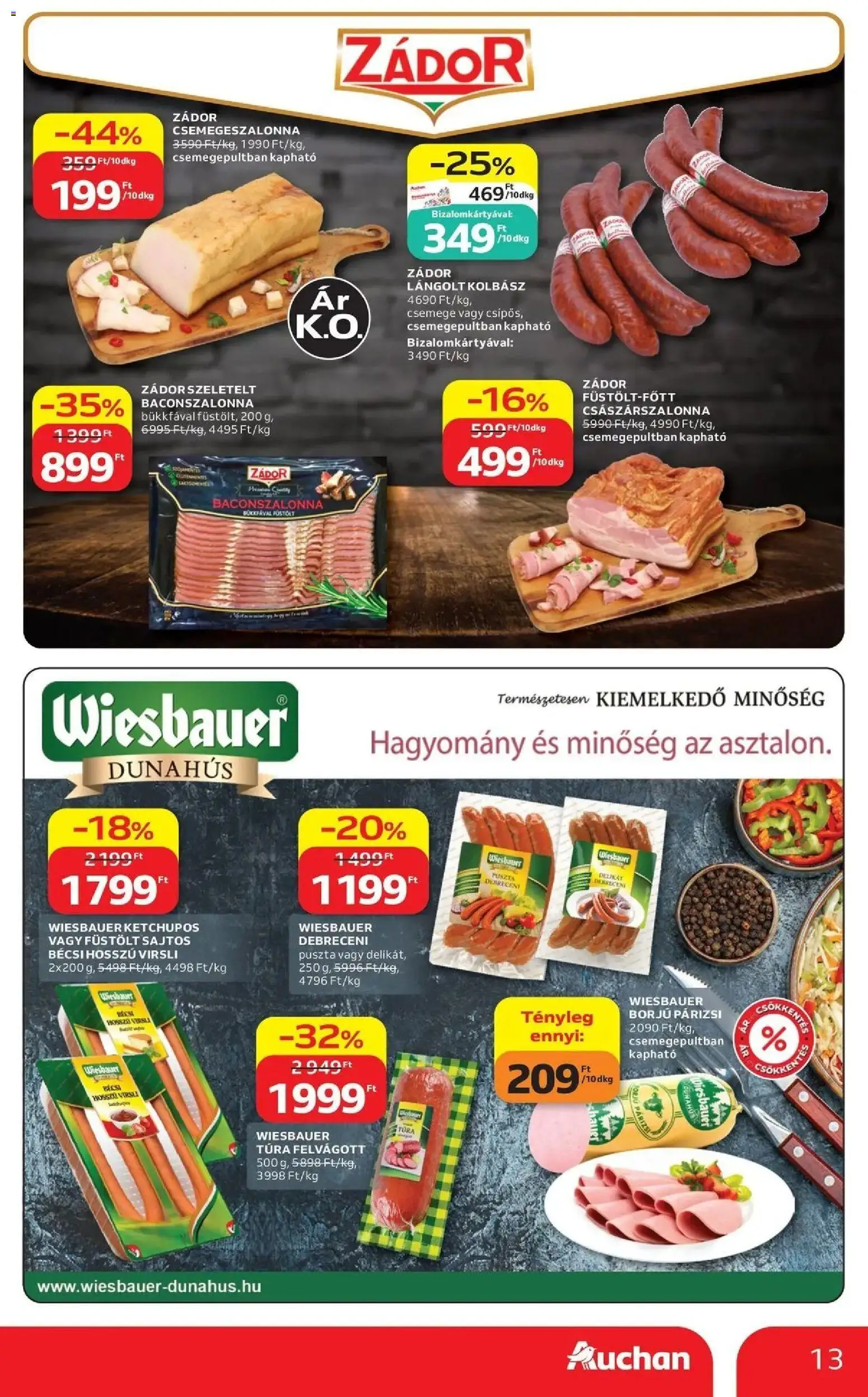Auchan akciós újság Szolnok - 2026.09.03. -tól/töl > akció, lapozható szórólap 🛍️ | Oldal: 13 | Termékek: Virsli, Kolbász, Csemege, Lángolt kolbász