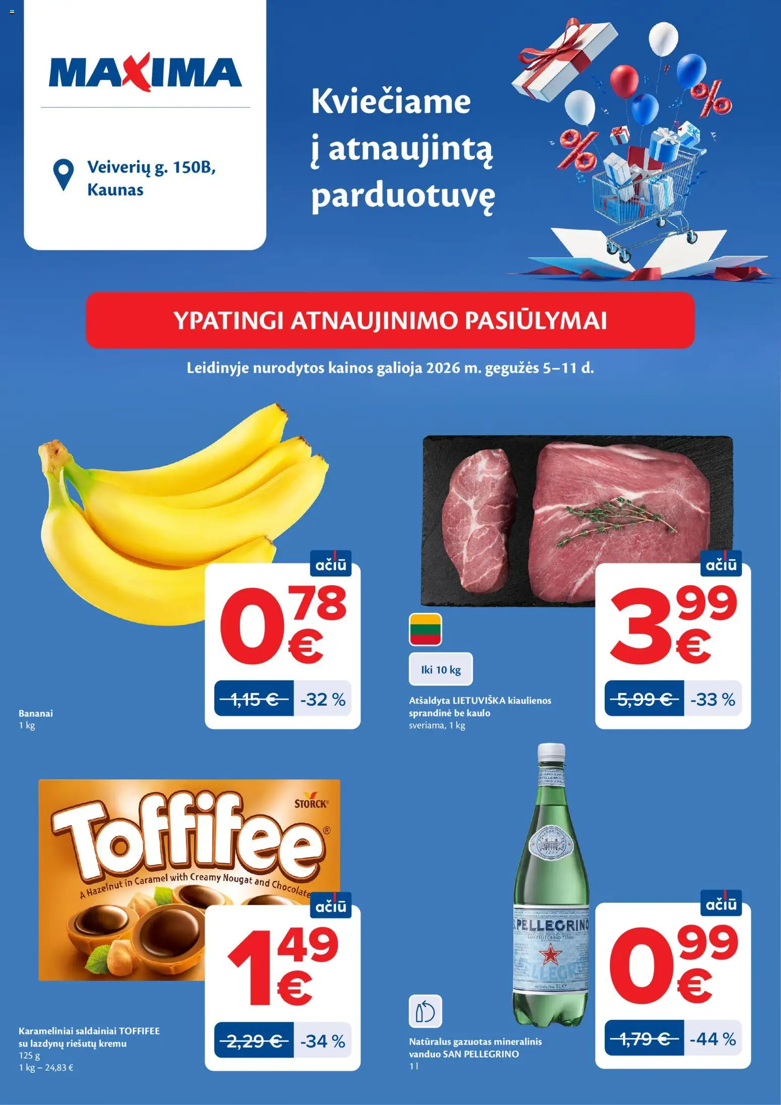 MAXIMA akcijos nuo 05.05.2026 | Puslapis: 1 | Prekių: Kiaulienos, Bananai, Saldainiai, Mineralinis vanduo