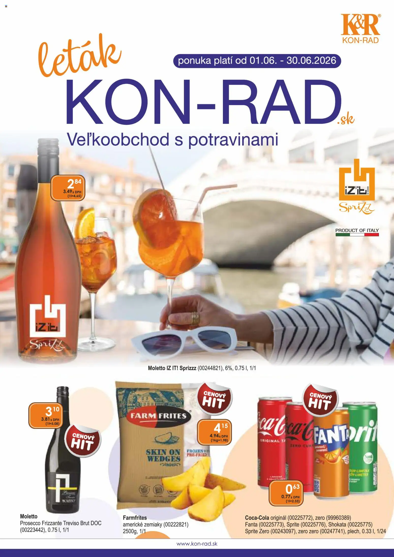 Nové KON - RAD akcie – leták je platný od 01.06.2026 | Strana: 1 | Produkty: Prosecco, Sprite, Zemiaky, Fanta