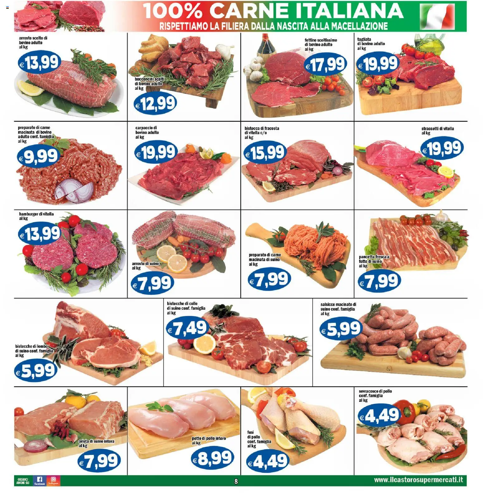 Volantino Il Castoro del 21/08/2026 | Pagina: 8 | Prodotti: Bovino, Carpaccio, Pollo intero, Hamburger