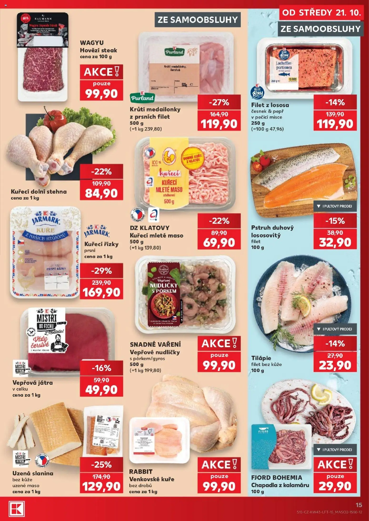 Kaufland leták - Praha 8 od 21.10.2026 | Strana: 15 | Produkty: Prsní řízky, Steak, Filet z lososa, Kuře