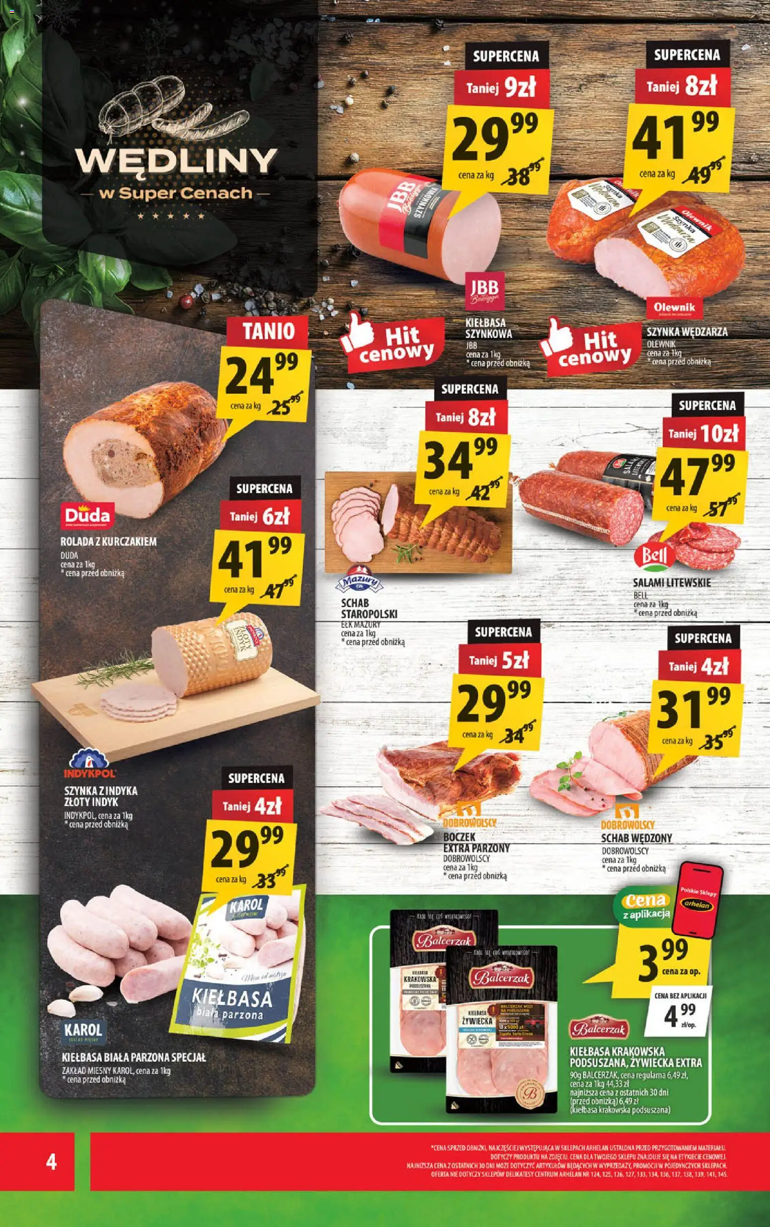 Arhelan gazetka od 09.10.2026 | Strona: 4 | Produkty: Kiełbasa, Szynka, Kiełbasa krakowska, Salami
