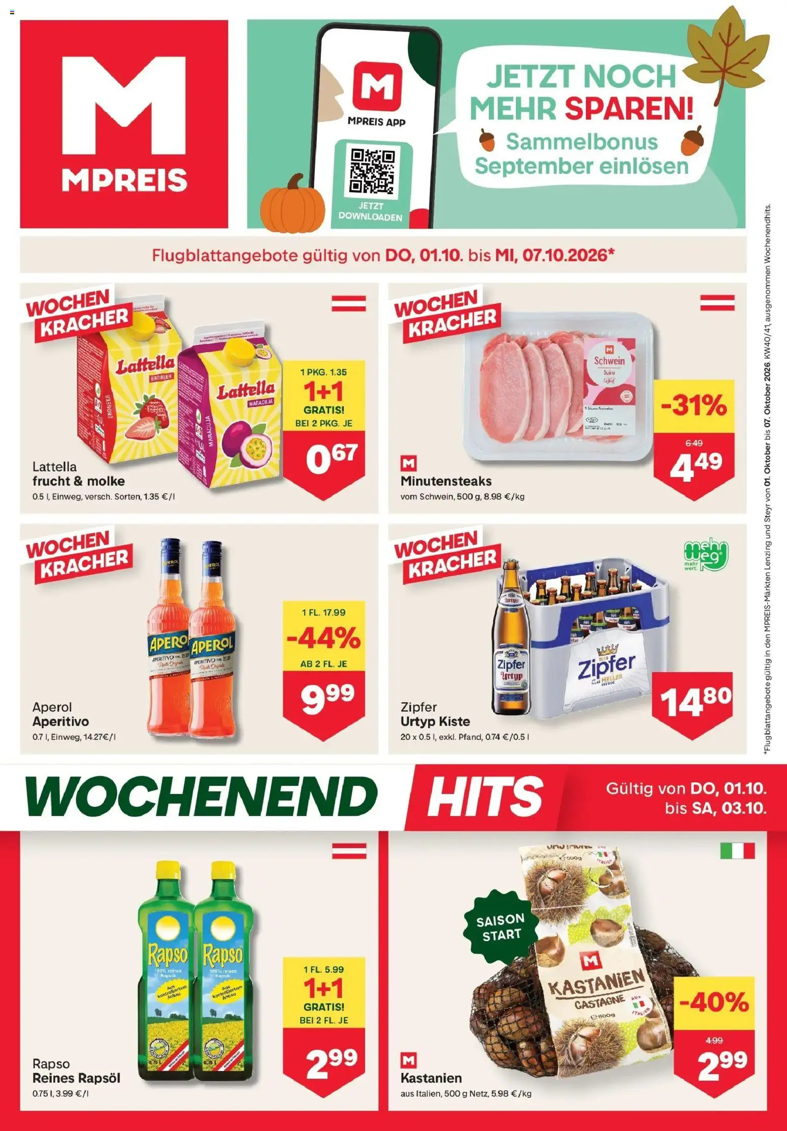 MPREIS Steyr gültig ab 01.10.2026 | Seite: 1 | Produkte: Aperol, Rapsöl