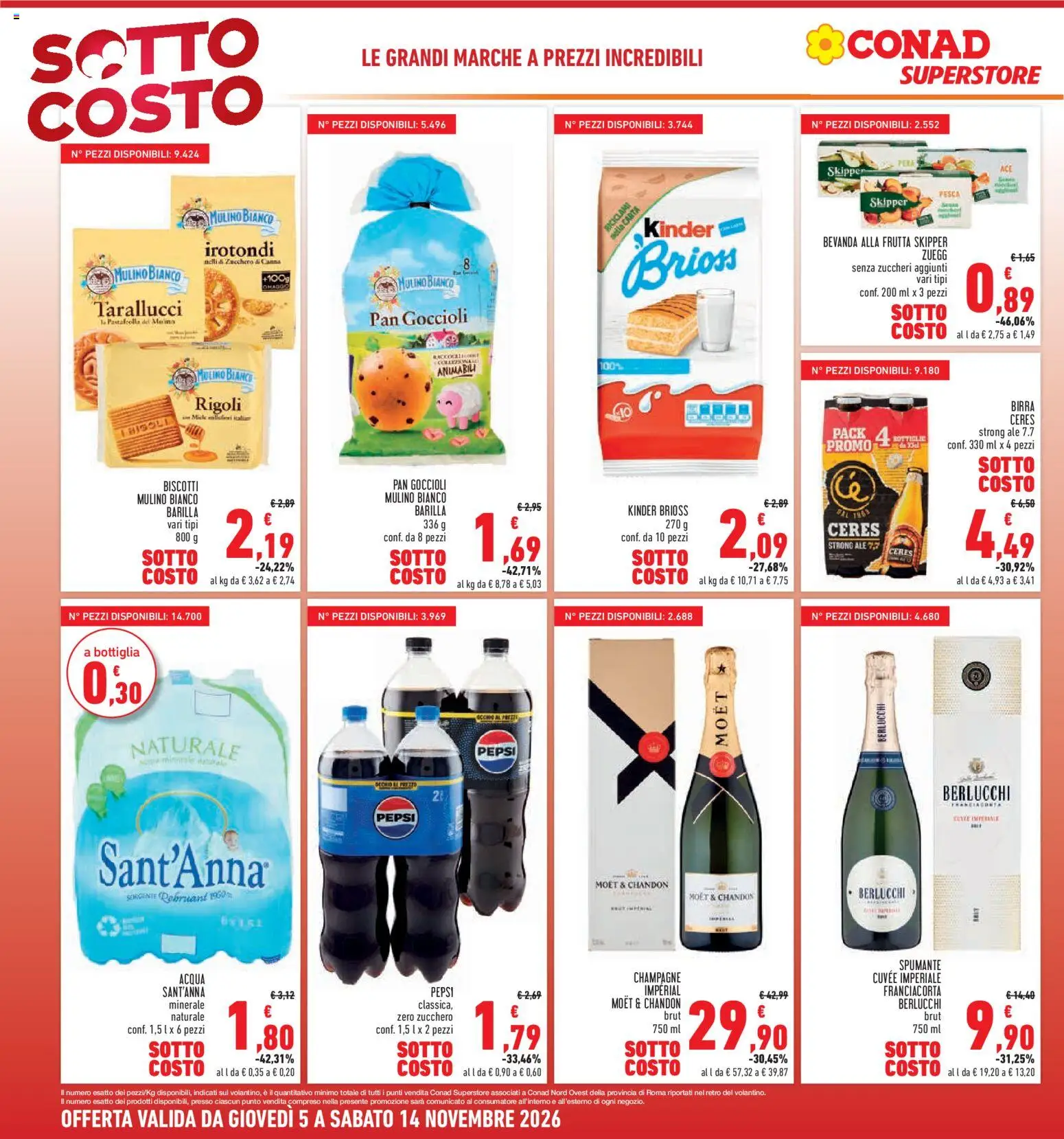 Volantino Conad del 05/11/2026 | Pagina: 6 | Prodotti: Ceres Birra, Biscotti, Frutta, Champagne