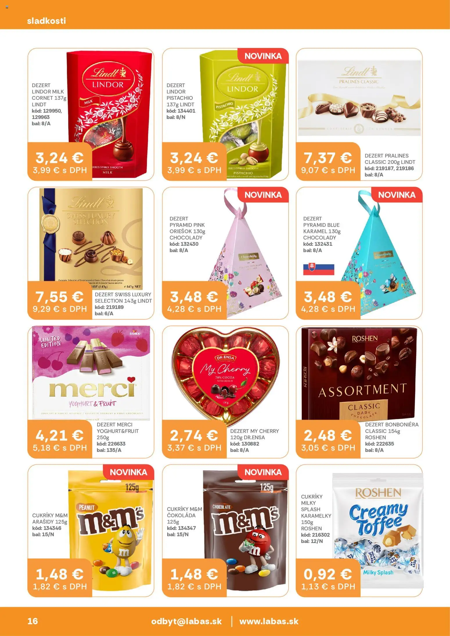 Nové Labaš akcie – leták je platný od 08.05.2026 | Strana: 16 | Produkty: Lindor, Lindt, Merci, Cukríky