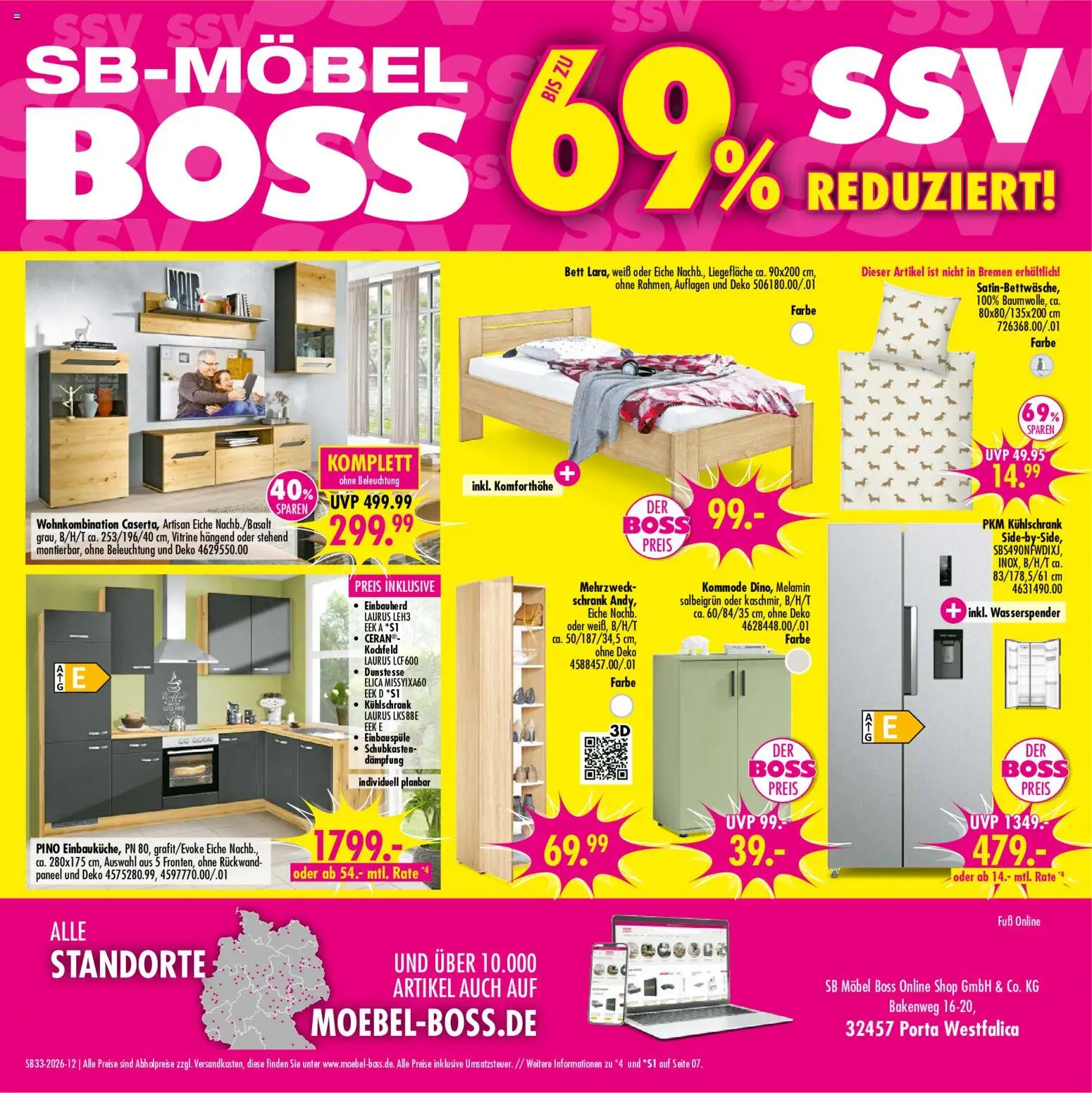 SB Möbel Boss Prospekt – gültig ab 08.08.2026 | Seite: 12 | Produkte: Bett, Kommode, Kühlschrank, Kochfeld