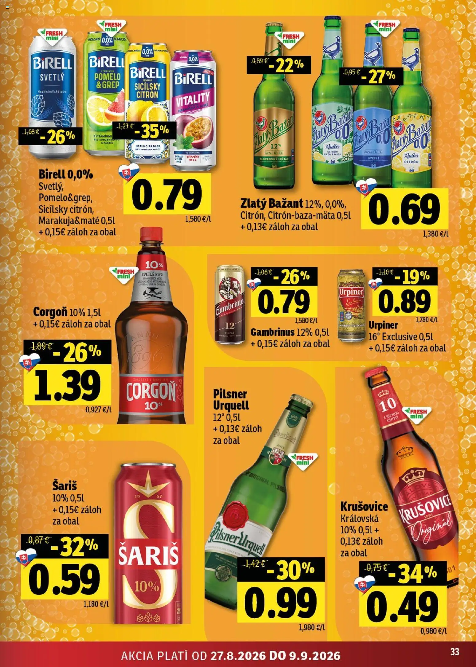 Nové Fresh akcie – leták je platný od 27.08.2026 | Strana: 33 | Produkty: Krušovice, Corgoň, Grep, Urpiner