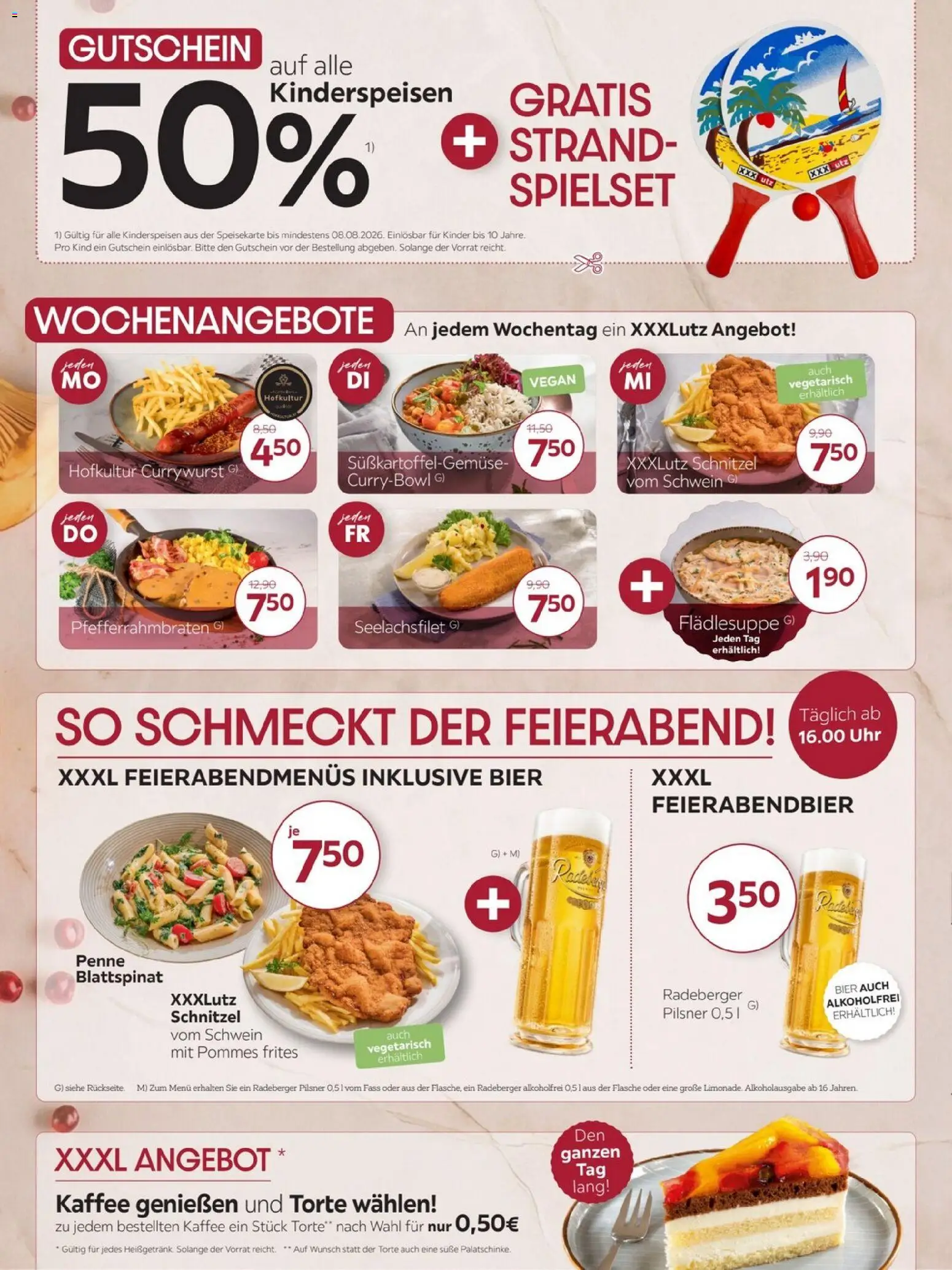 XXXLutz Restaurantgutscheine – gültig ab 23.07.2026 | Seite: 2 | Produkte: Kaffee, Bier, Pommes frites, Uhr
