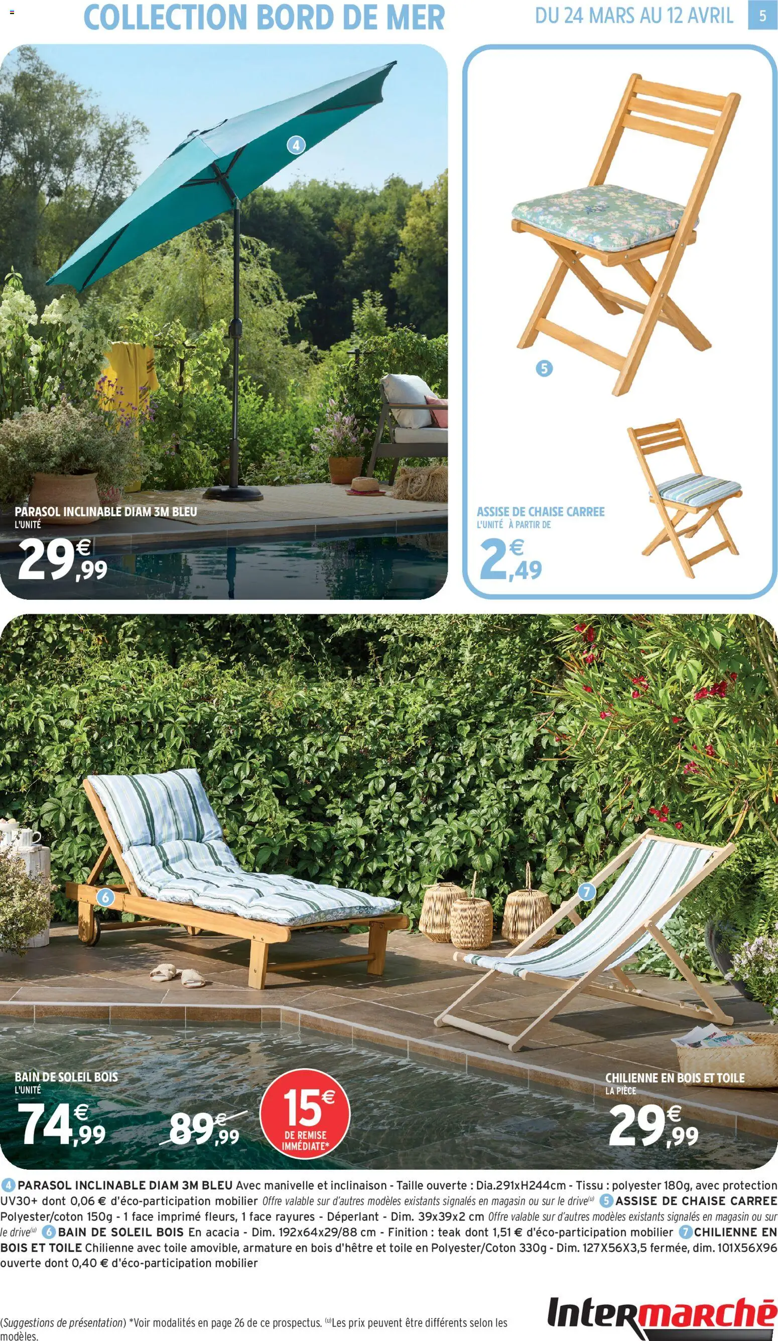 {H1} | Page: 5 | Produits: Bain de soleil, Parasol inclinable, Chaise, Parasol