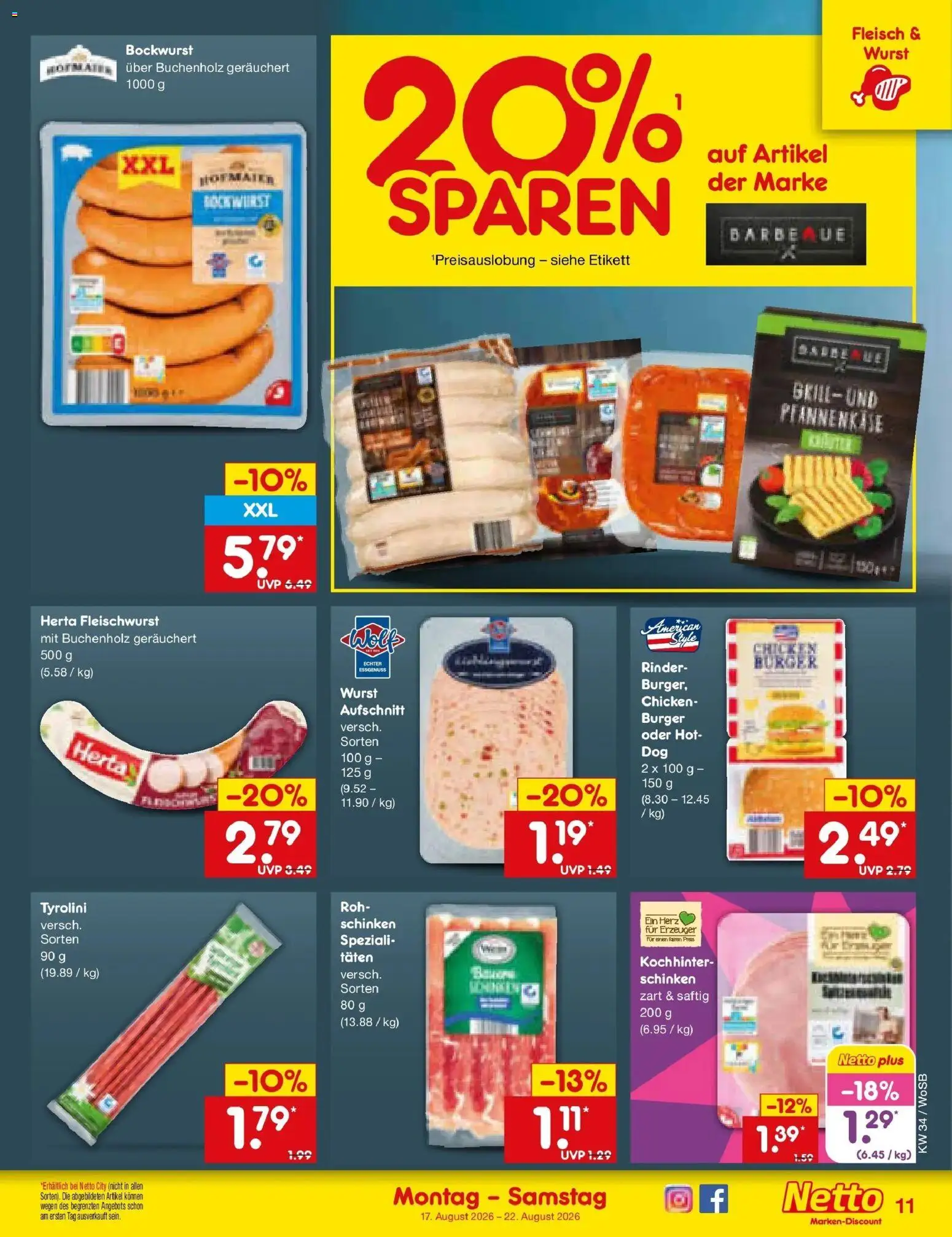 Netto Marken-Discount Prospekt Mannheim – gültig ab 17.08.2026 | Seite: 13 | Produkte: Bockwurst, Herta fleischwurst, Grill, Schinken
