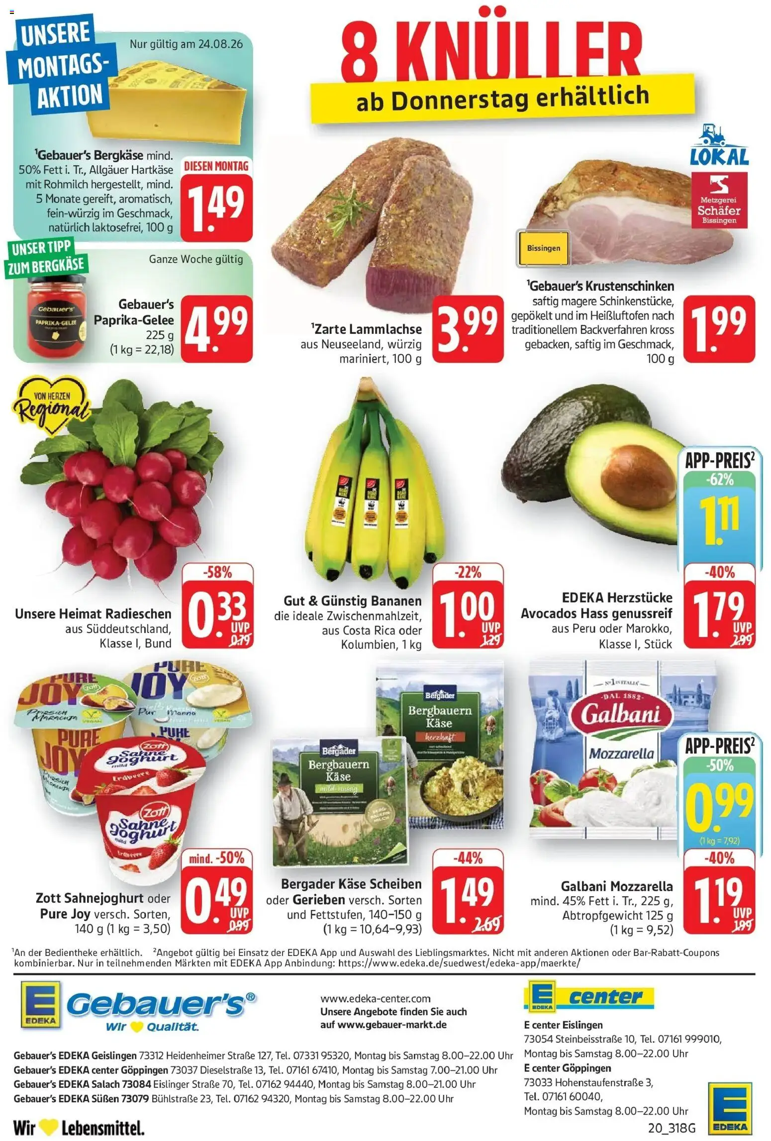 E center Prospekt Eislingen (ab 24.08.2026) zum Blättern | Seite: 20 | Produkte: Käse, Mozzarella, Bananen, Uhr