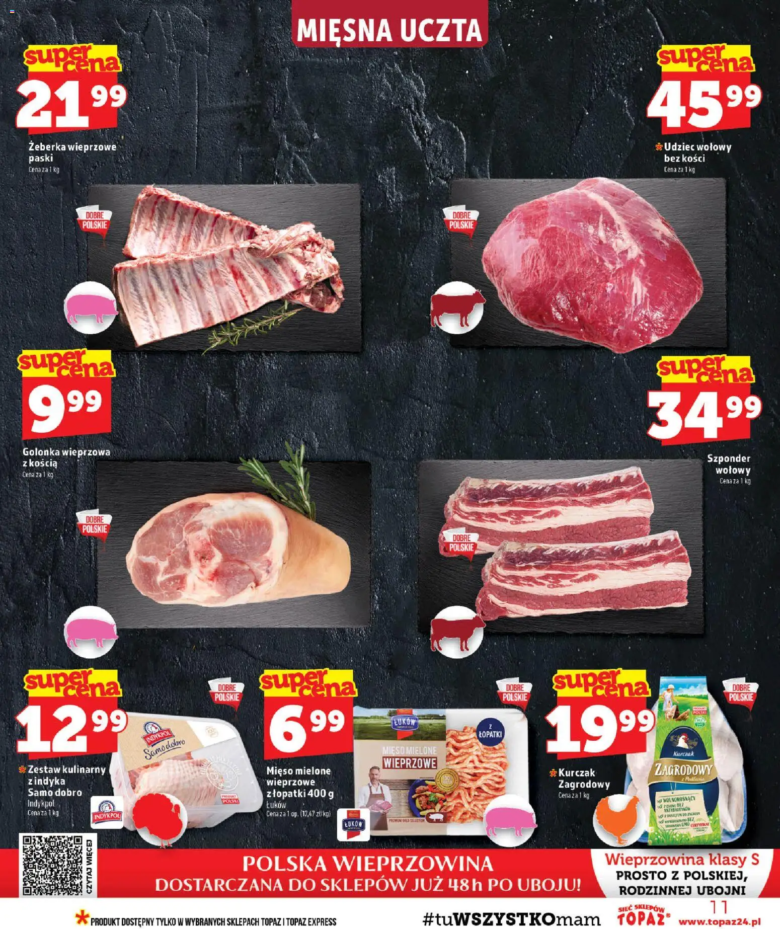 Topaz gazetka - MAZ od 13.08.2026 | Strona: 11 | Produkty: Żeberka, Kurczak, Udziec wołowy, Mięso