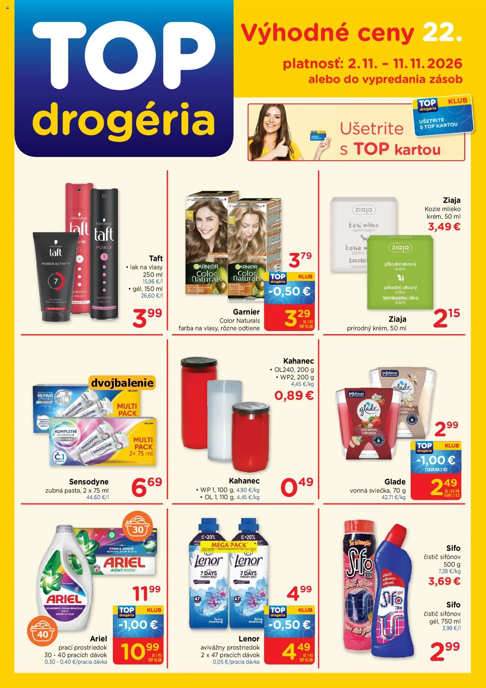 Nové TOP Drogéria akcie – leták je platný od 02.11.2026 | Strana: 1 | Produkty: Lak na vlasy, Krém, Ariel, Lenor