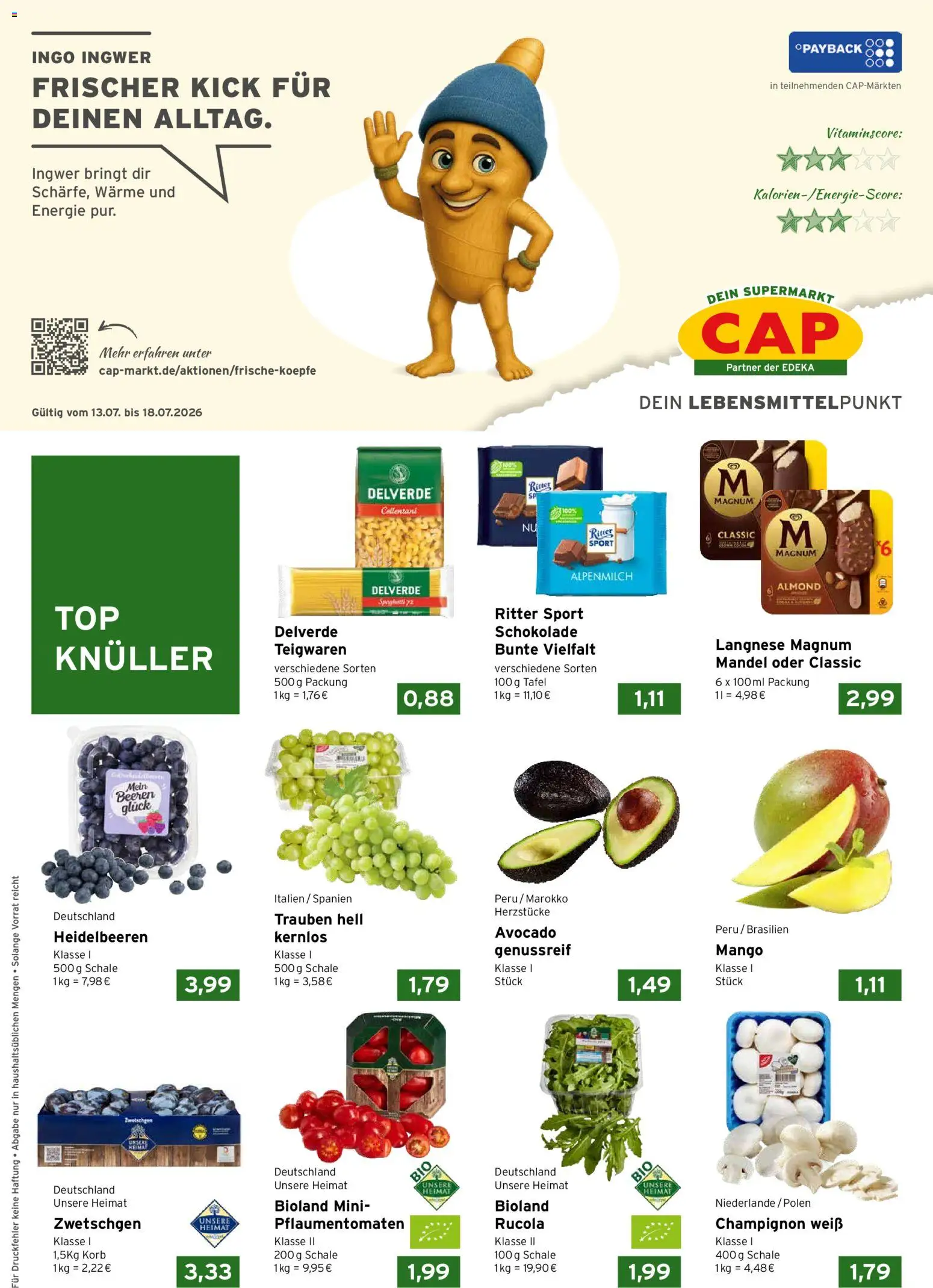 CAP Markt Prospekt – gültig ab 13.07.2026 | Seite: 1 | Produkte: Schokolade, Ritter sport, Rucola, Mango