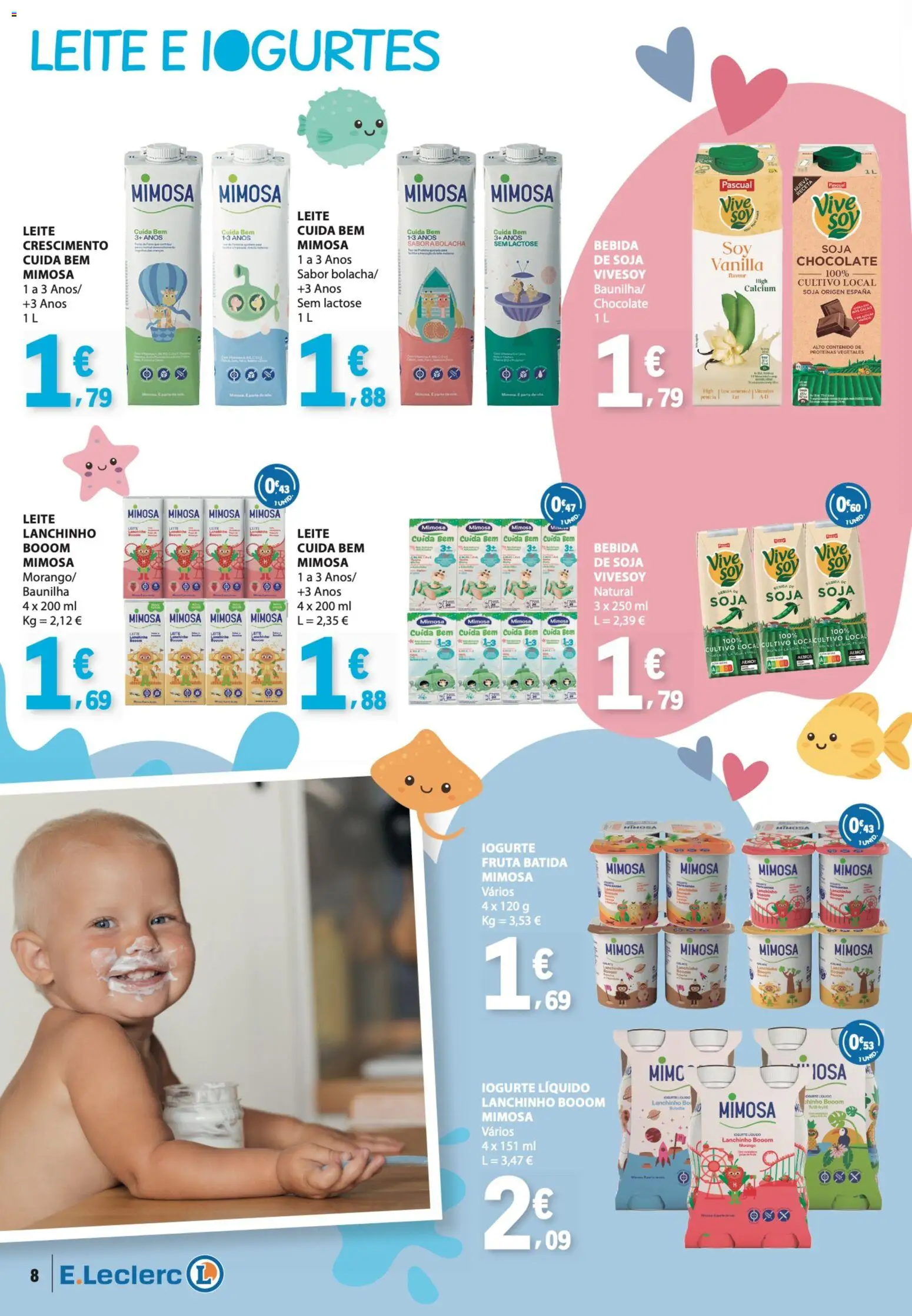 E.Leclerc Folheto Bebé Verão │ válido de 26.05.2026 | Página: 8 | Produtos: Soja, Iogurtes, Chocolate, Iogurte liquido