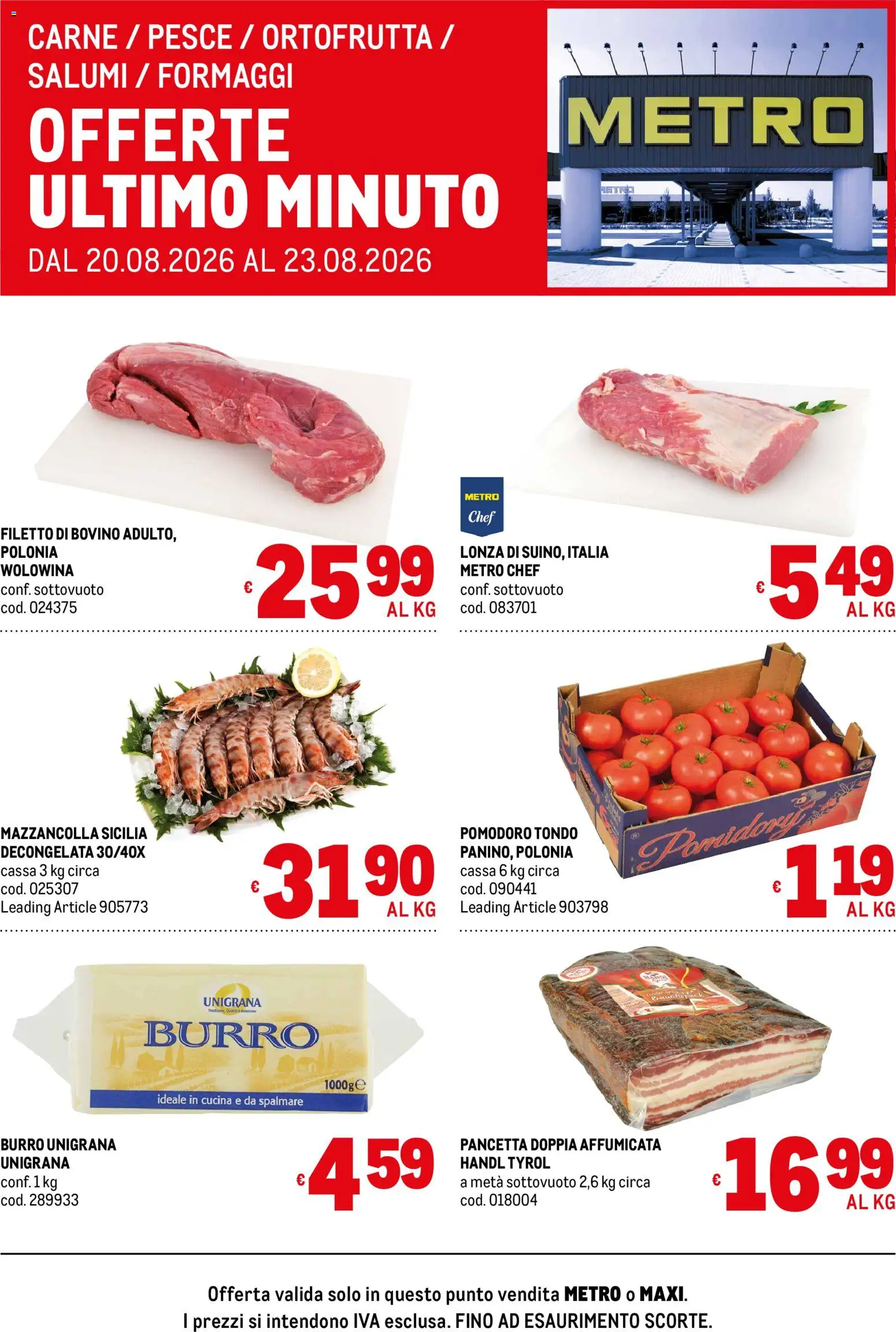 Volantino Metro del 20/08/2026 | Pagina: 1 | Prodotti: Bovino, Filetto, Pomodoro, Burro