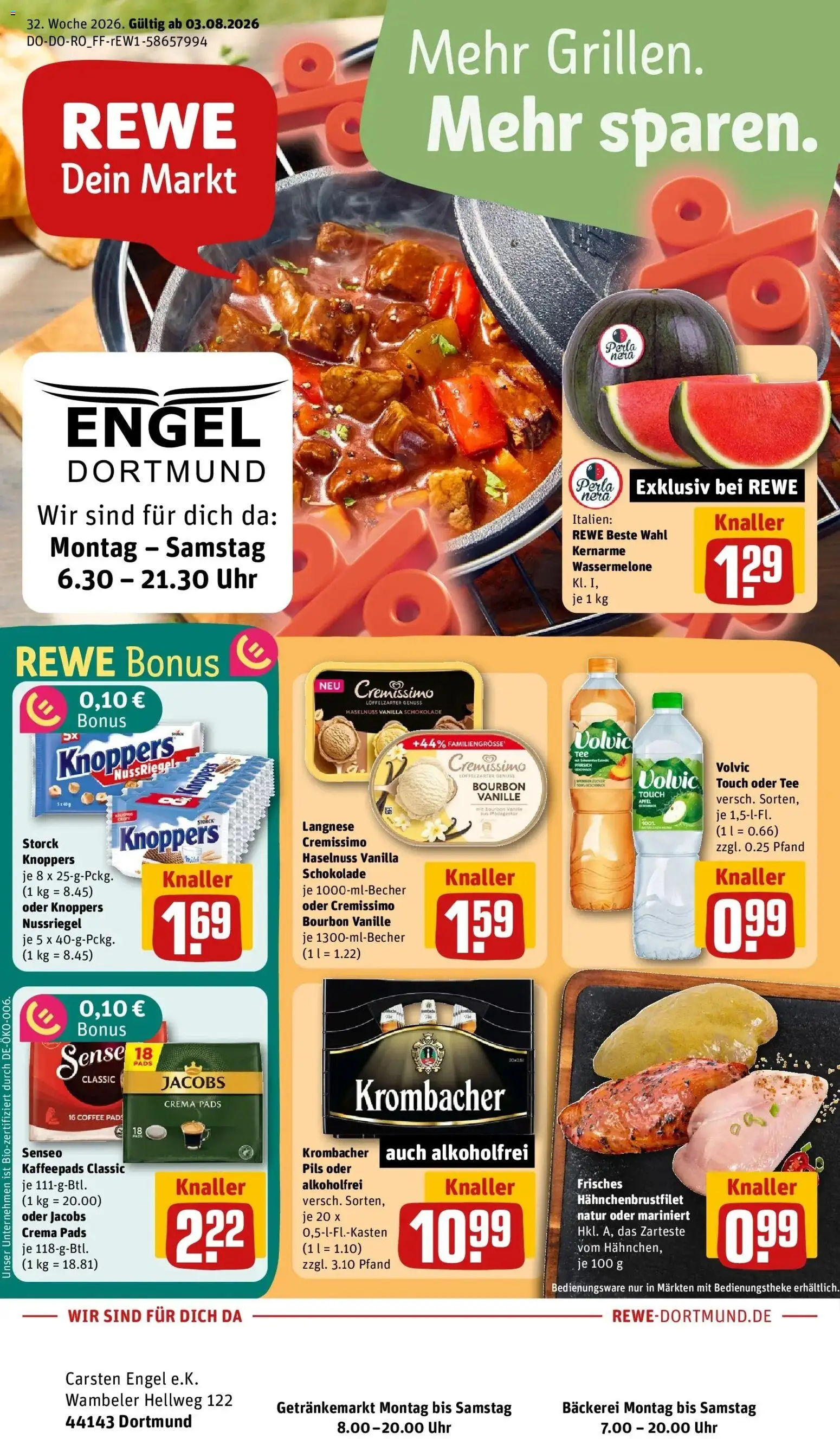 Rewe Prospekt Dortmund – gültig ab 03.08.2026 | Seite: 1 | Produkte: Kaffeepads, Cremissimo, Bäckerei, Pils