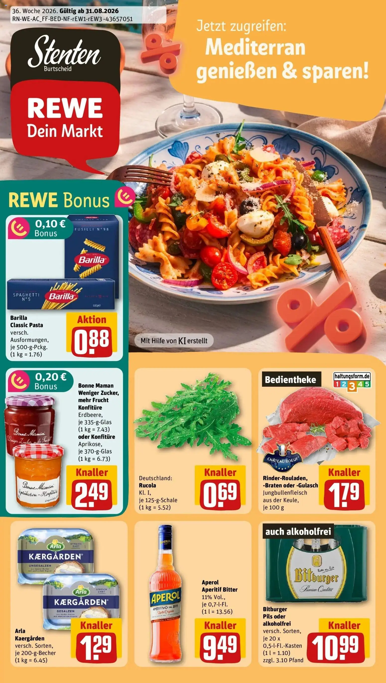 REWE Prospekt ab 31.08.2026 zum Blättern » Angebote | Seite: 1 | Produkte: Butter, Spaghetti, Rucola, Gulasch