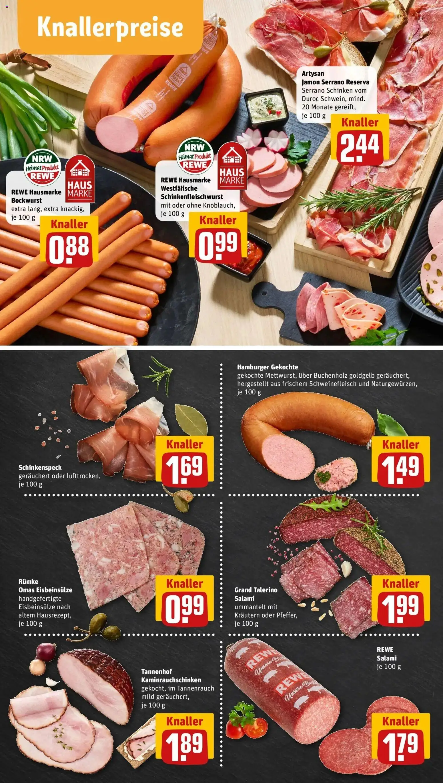 Rewe Prospekt Waltrop	 – gültig ab 12.04.2026 | Seite: 8 | Produkte: Bockwurst, Salami, Serrano schinken, Schweinefleisch