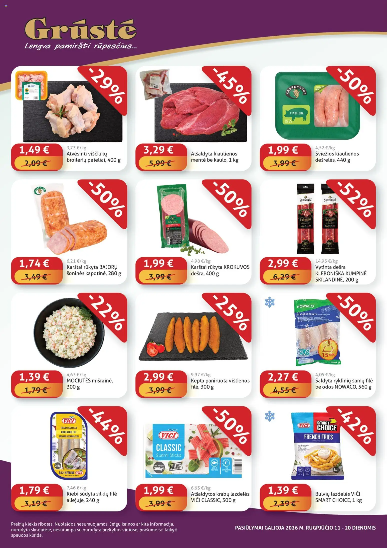 GRUSTE akcijos nuo 2026.08.11 | Puslapis: 2 | Prekių: Vištienos, Dešra, Surimi, Kiauliena
