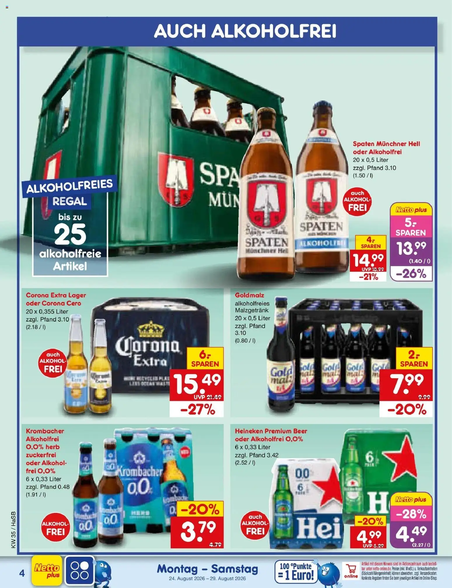 Netto Marken-Discount Prospekt Unna (ab 24.08.2026) » Angebote | Seite: 4 | Produkte: Regal, Heineken, Alkohol, Krombacher