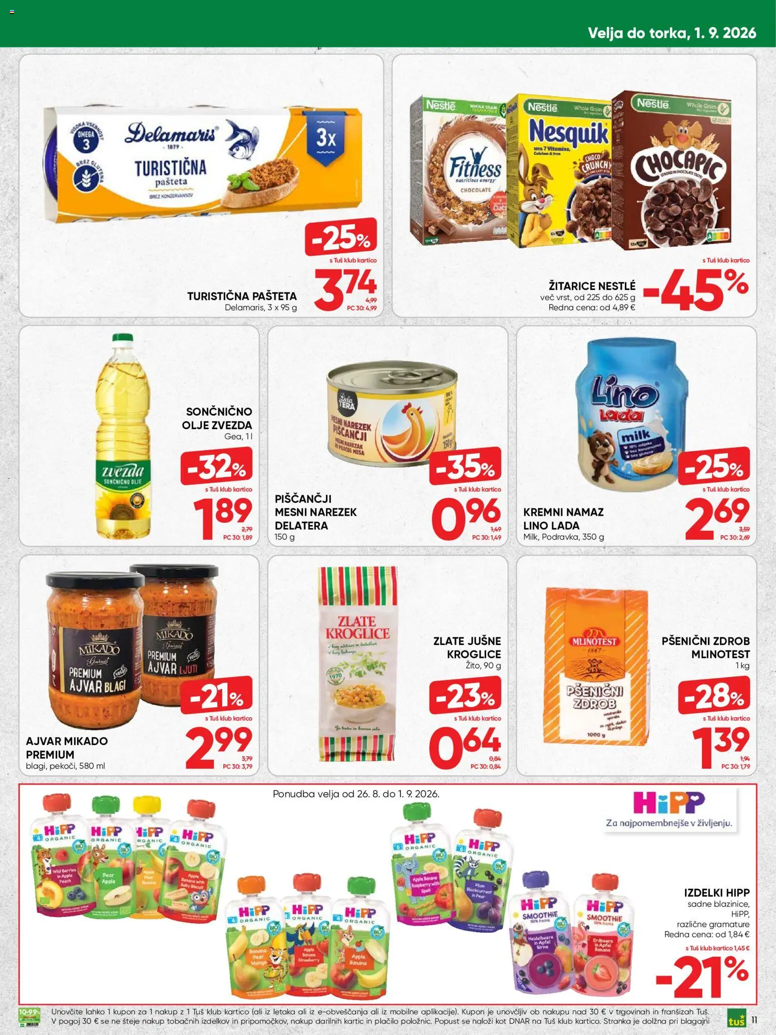 Novi Tuš katalog ponudbe – veljaven od 19.08.2026 | Stran: 11 | Izdelki: Zdrob, Narezek, Olje, Pšenični zdrob