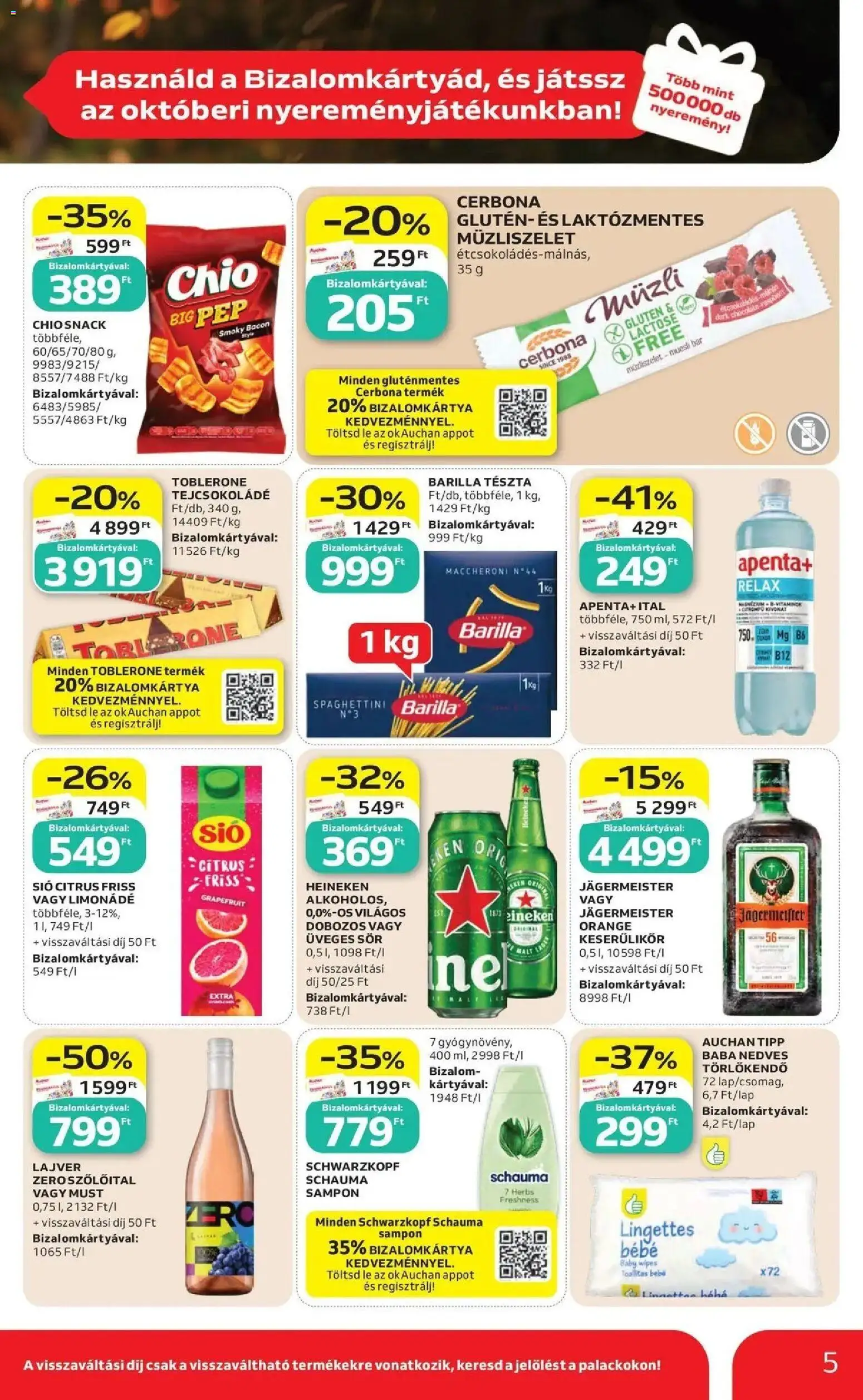 Auchan akciós újság Szolnok - 2026.10.08. -tól/töl > akció, lapozható szórólap 🛍️ | Oldal: 5 | Termékek: Jägermeister, Chio, Lé, Bacon