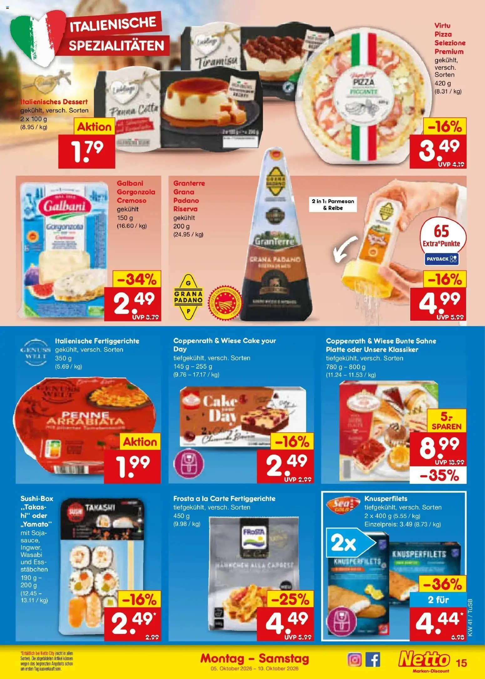 Netto Marken-Discount Prospekt Sindelfingen – gültig ab 05.10.2026 | Seite: 15 | Produkte: Spezialitäten, Frosta, Pizza, Sahne