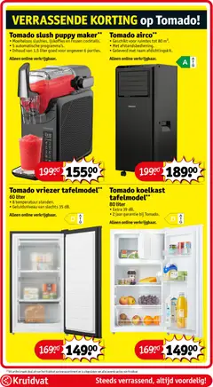 Tomado vriezer tafelmodel**, 60 liter. 8 temperatuur standen. Geluidsniveau van slechts 35 dB. Alleen online verkrijgbaar. - Voorbeeld van een folder van Kruidvat, geldig van 19.05.2026 | Pagina: 120