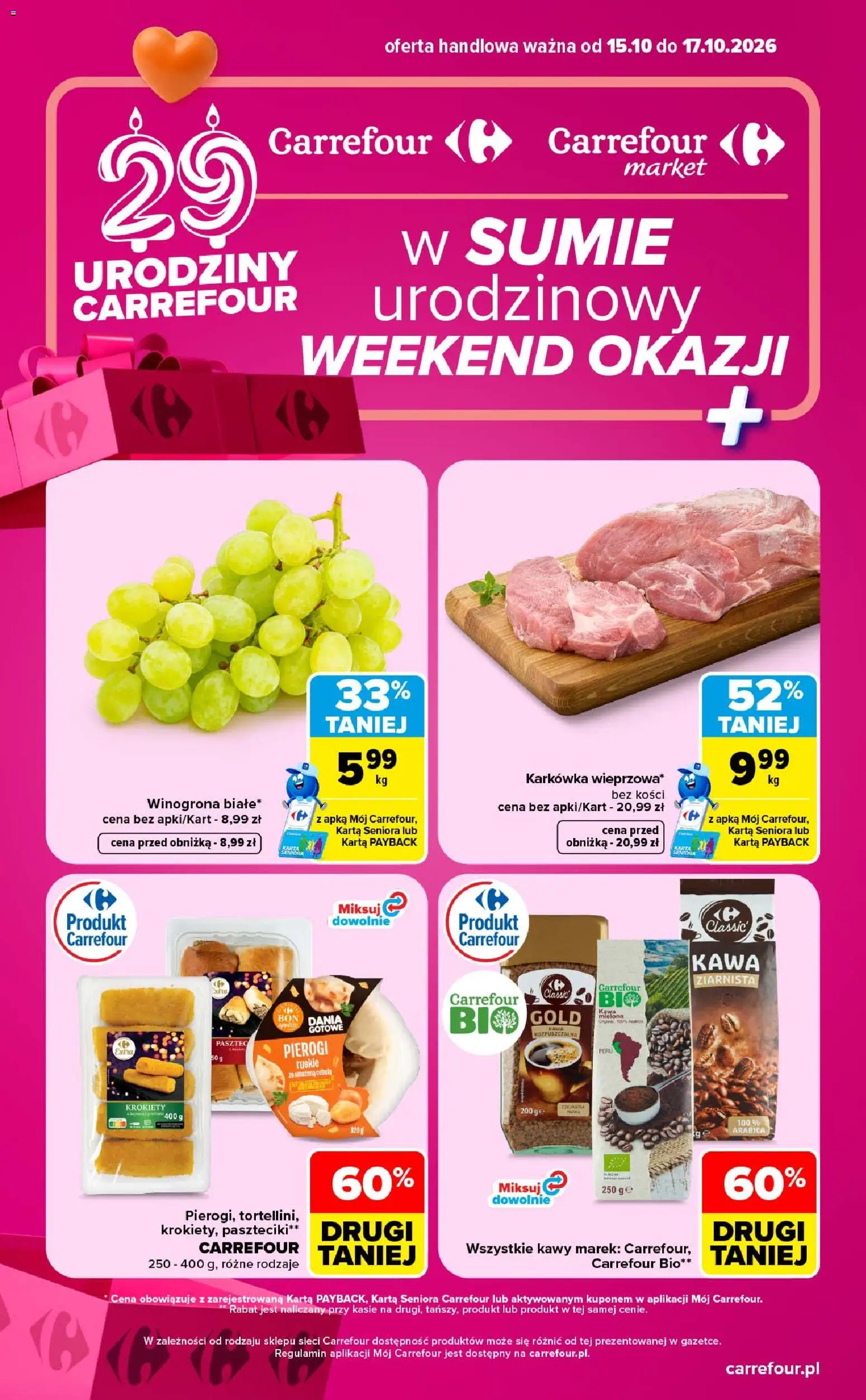 Carrefour gazetka - Weekend okazji od 15.10.2026 | Strona: 1 | Produkty: Karta, Karkówka, Kawa ziarnista, Kawa