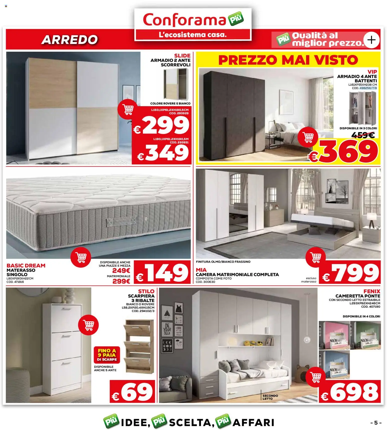 Volantino Conforama del 07.05.2026 | Pagina: 5 | Prodotti: Scarpe, Scarpiera, Letto, Armadio