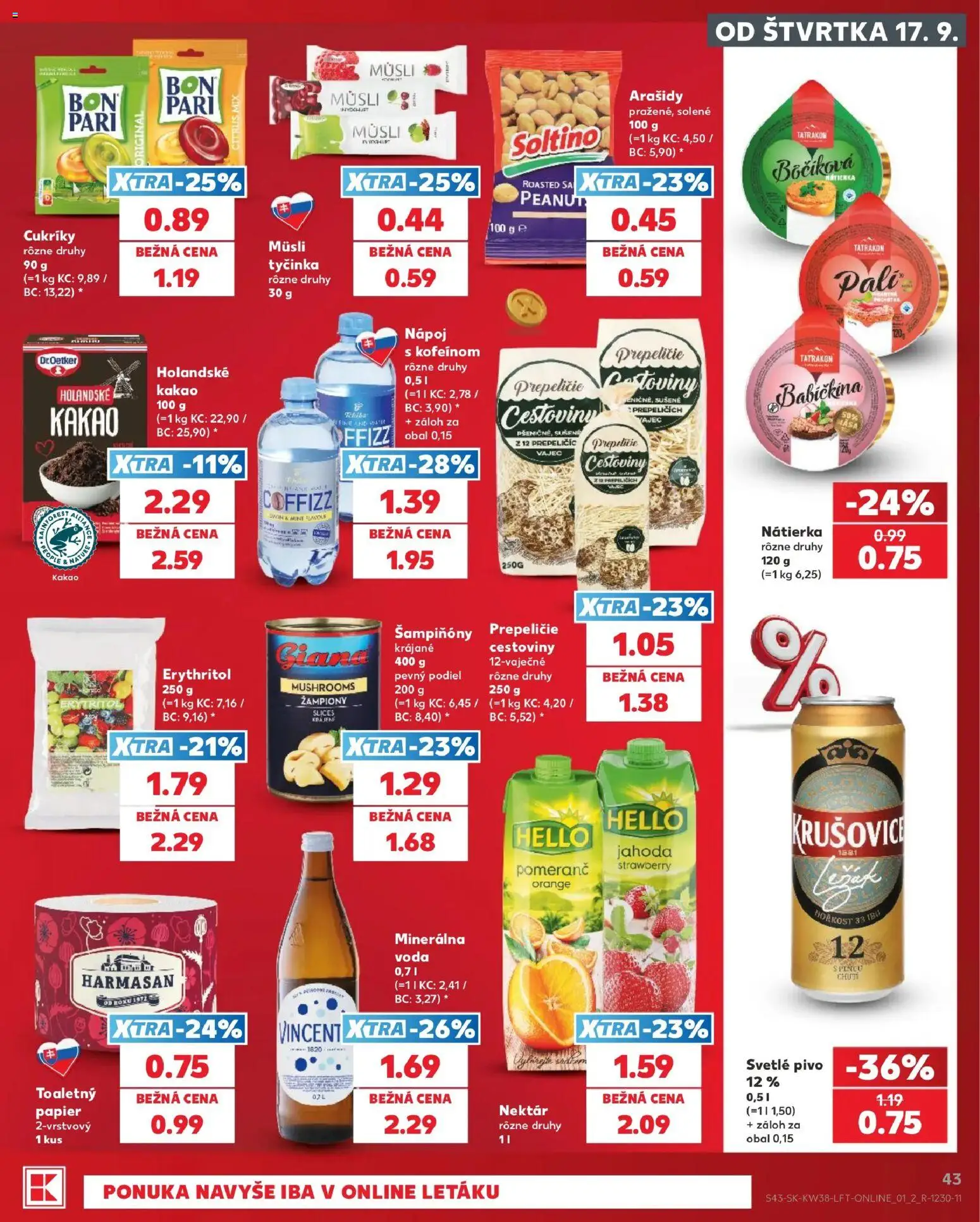 Nové Kaufland akcie – leták je platný od 17.09.2026 | Strana: 43 | Produkty: Cestoviny, Šampiňóny, Minerálna voda, Kakao