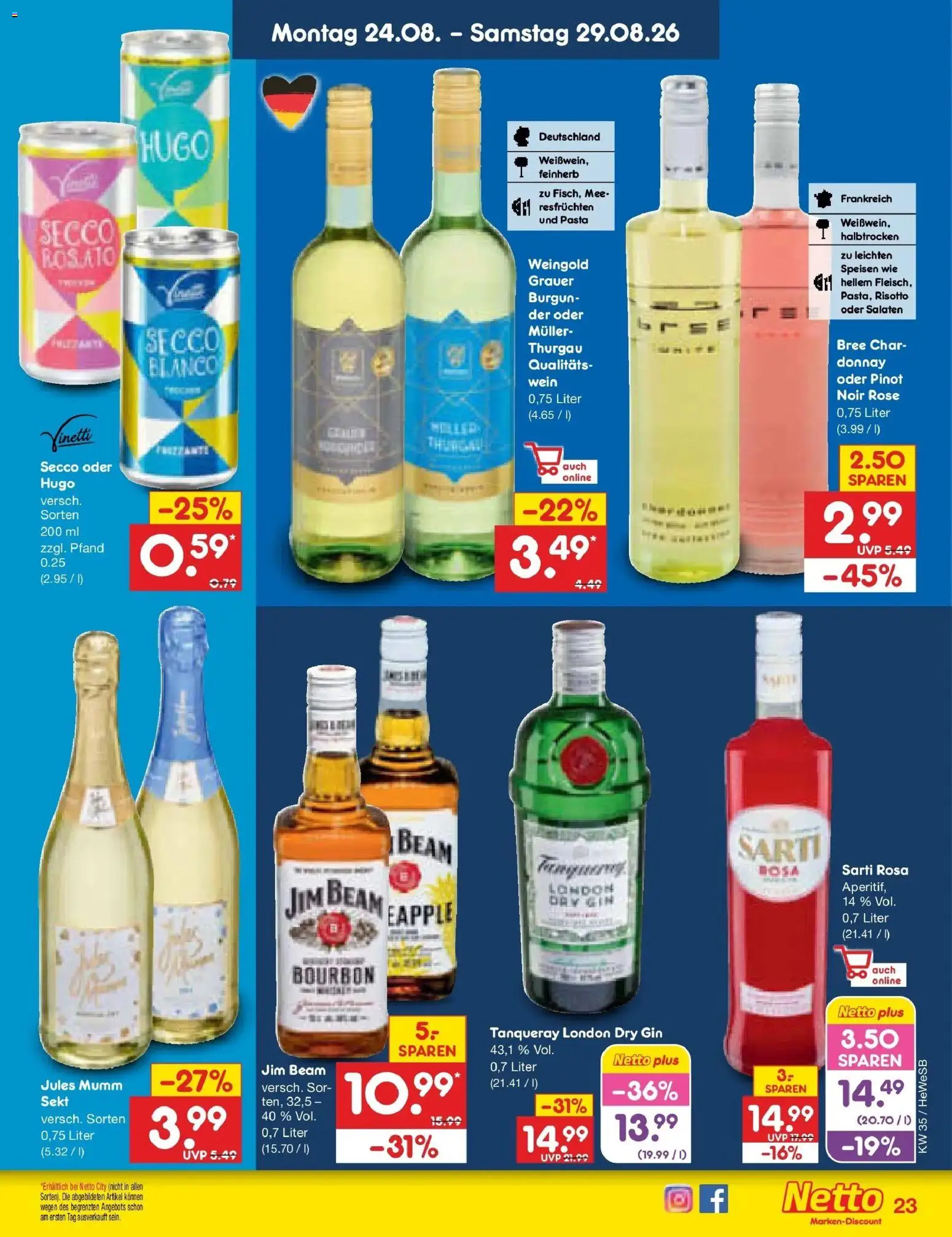 Netto Marken-Discount Prospekt Hamburg (ab 24.08.2026) » Angebote | Seite: 35 | Produkte: Jim beam, Jules mumm, Pasta, Gin