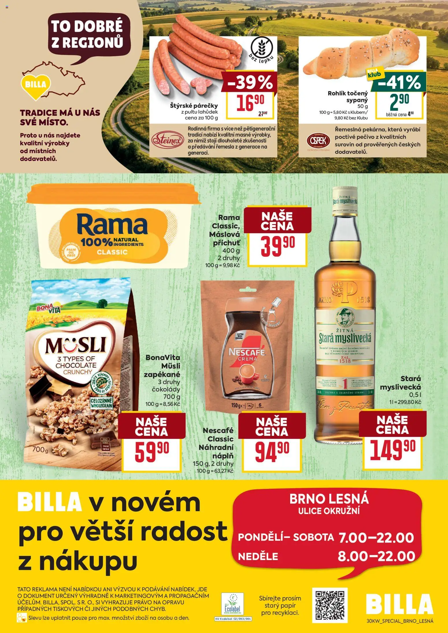 Billa leták - Brno od 22.07.2026 | Strana: 2 | Produkty: Rama, Pečivo, Crema, Müsli