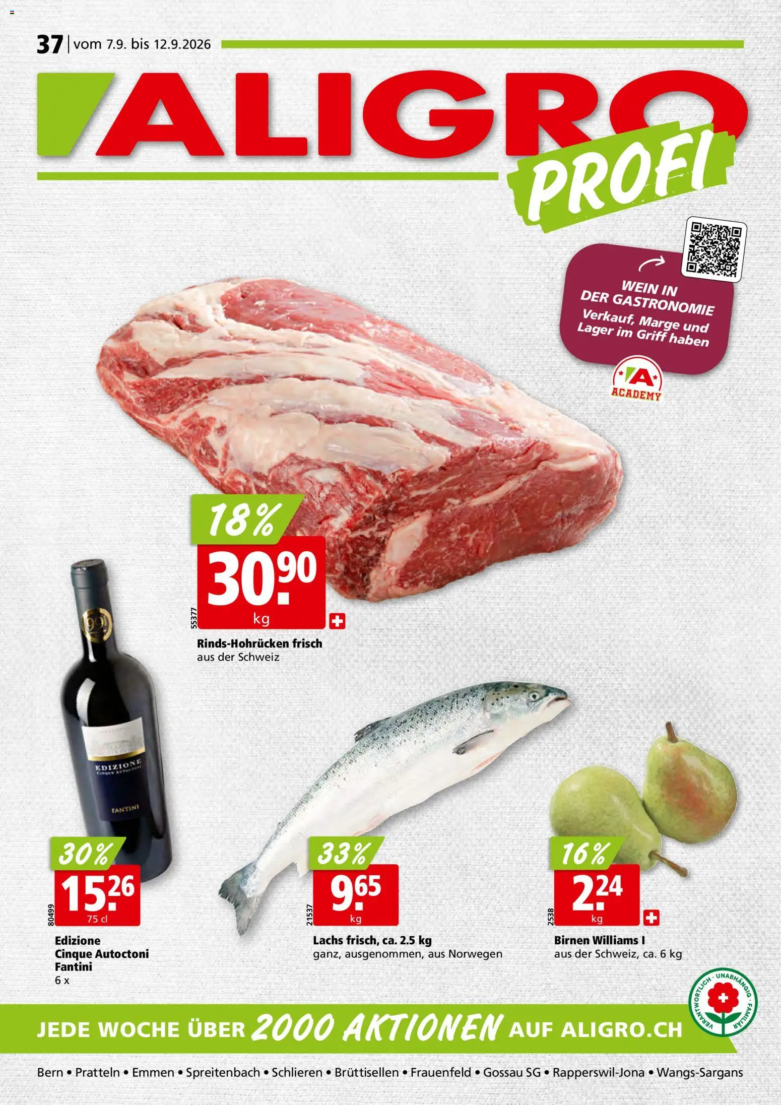 Aligro aktionen Schlieren, Gossau SG, Frauenfeld, Rapperswil-Jona, Sargans, Bern – gültig ab 07.09.2026 | Seite: 1 | Produkte: Lachs, Wein, Birnen