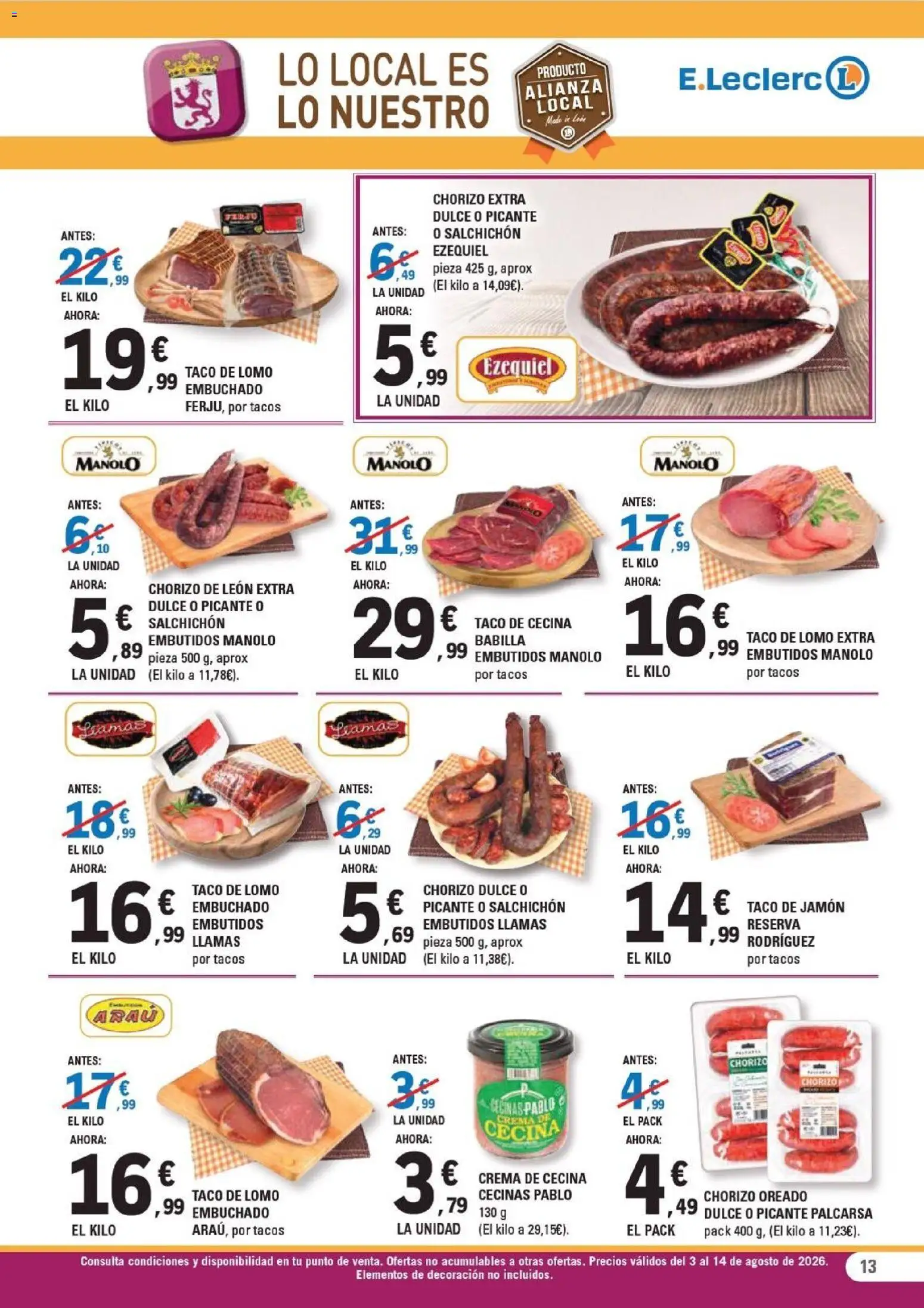 E.Leclerc - León │ válido desde el 03/08/2026 | Página: 13 | Productos: Jamón, Tacos, Crema, Νυχτικό