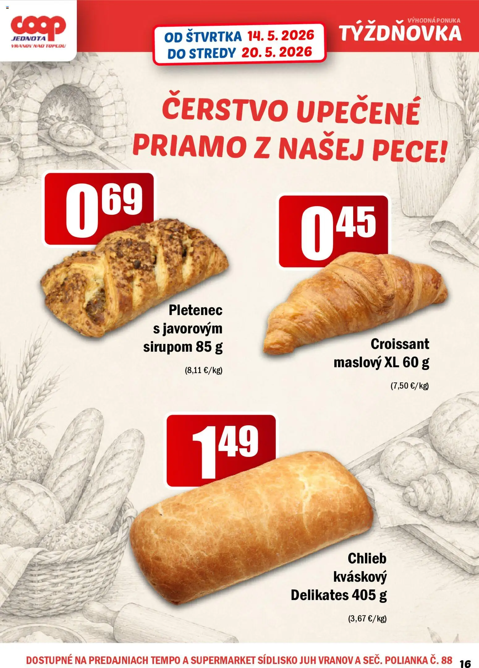 Nové COOP Jednota akcie – leták je platný od 14.05.2026 | Strana: 16 | Produkty: Chlieb, Croissant