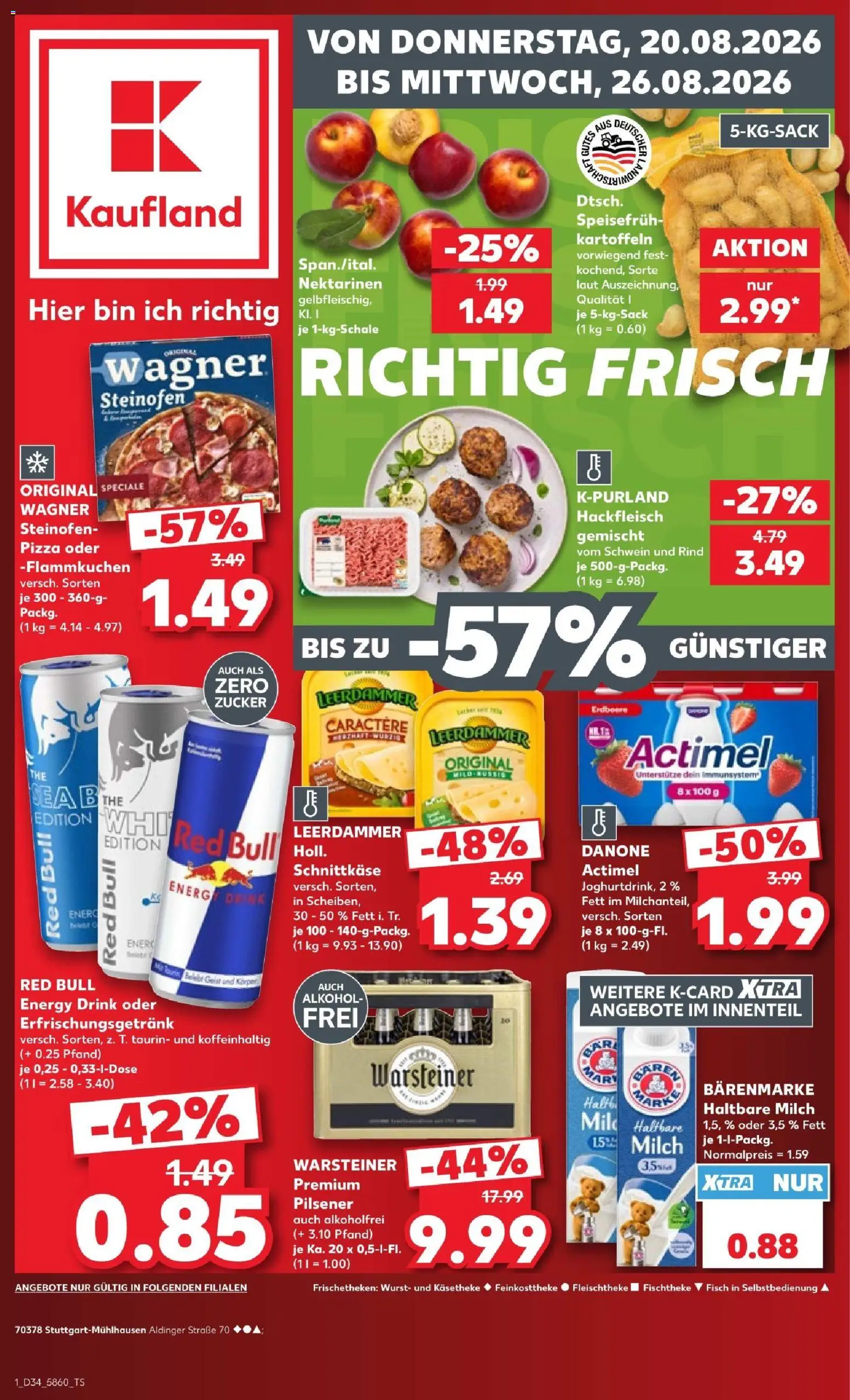 Kaufland Prospekt Stuttgart – gültig ab 20.08.2026 | Seite: 1 | Produkte: Actimel, Red bull, Wurst, Hackfleisch