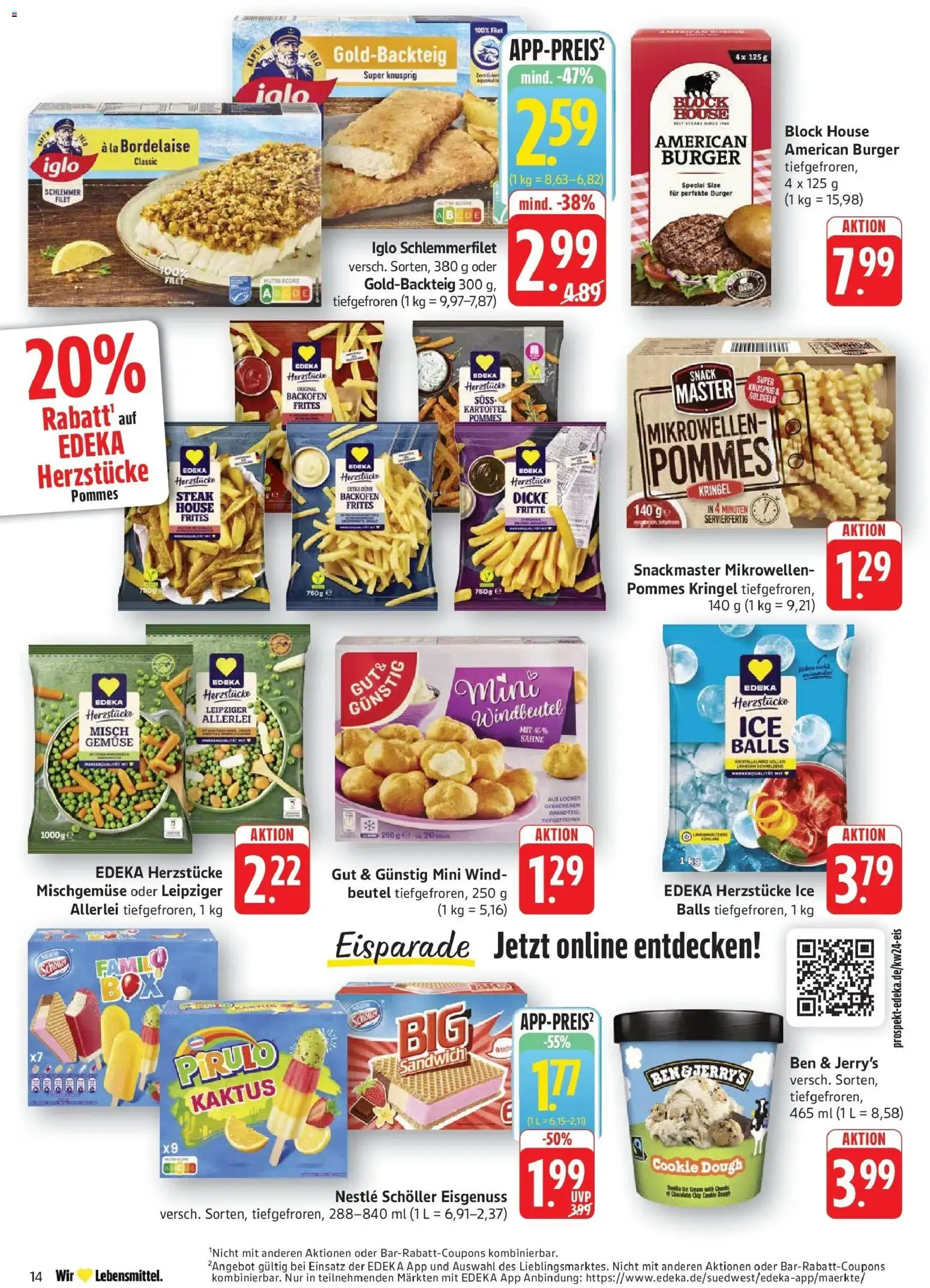 Edeka prospekt Pirmasens – gültig ab 08.06.2026 | Seite: 14 | Produkte: Pommes, Ben & Jerry's, Sahne, Iglo schlemmerfilet