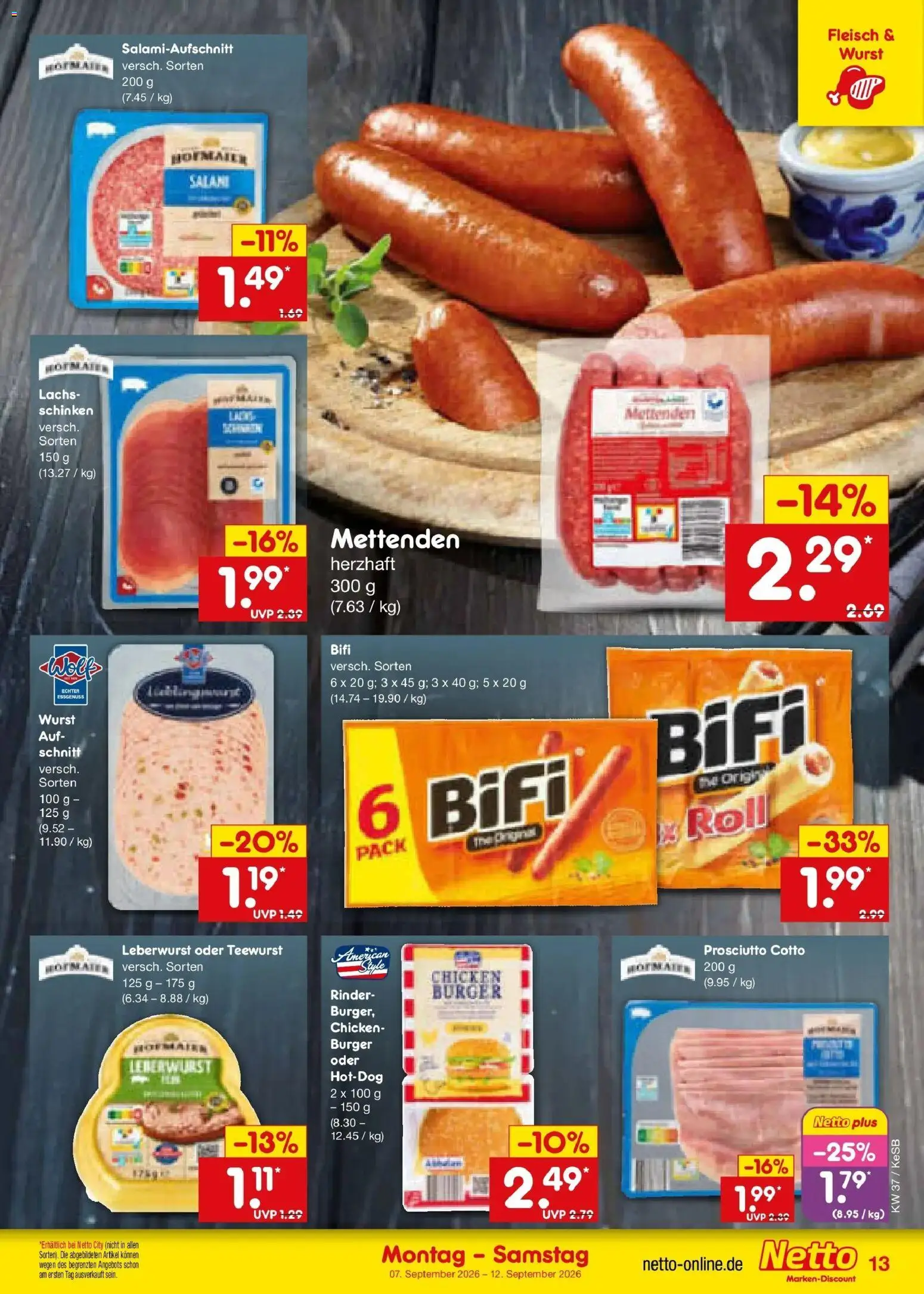 Netto Marken-Discount Prospekt Koblenz – gültig ab 07.09.2026 | Seite: 19 | Produkte: Burger, Salami, Schinken, Fleisch